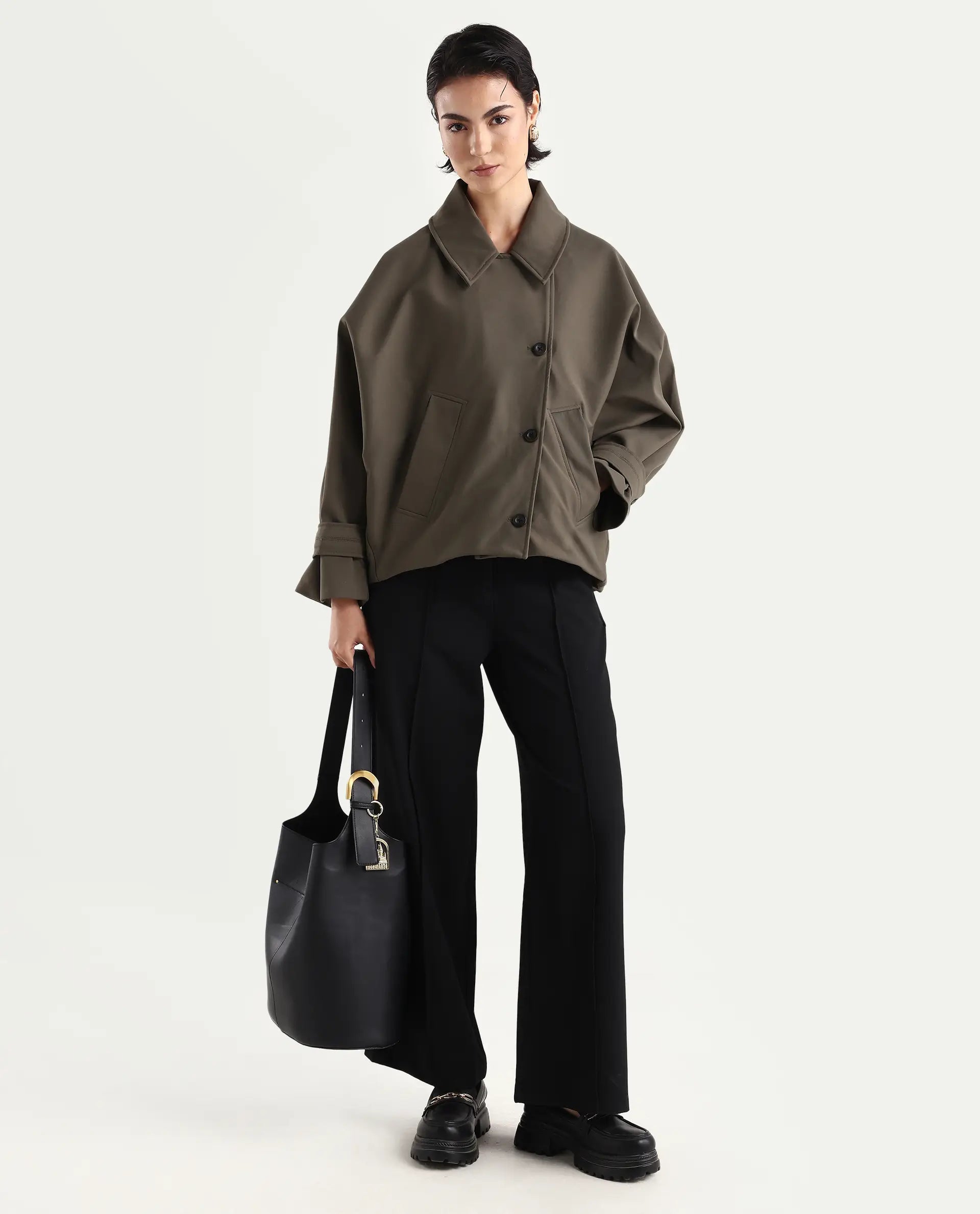 Rareism Women's Nacai Olive Polyester Spread Collar Relaxed Fit Jacket