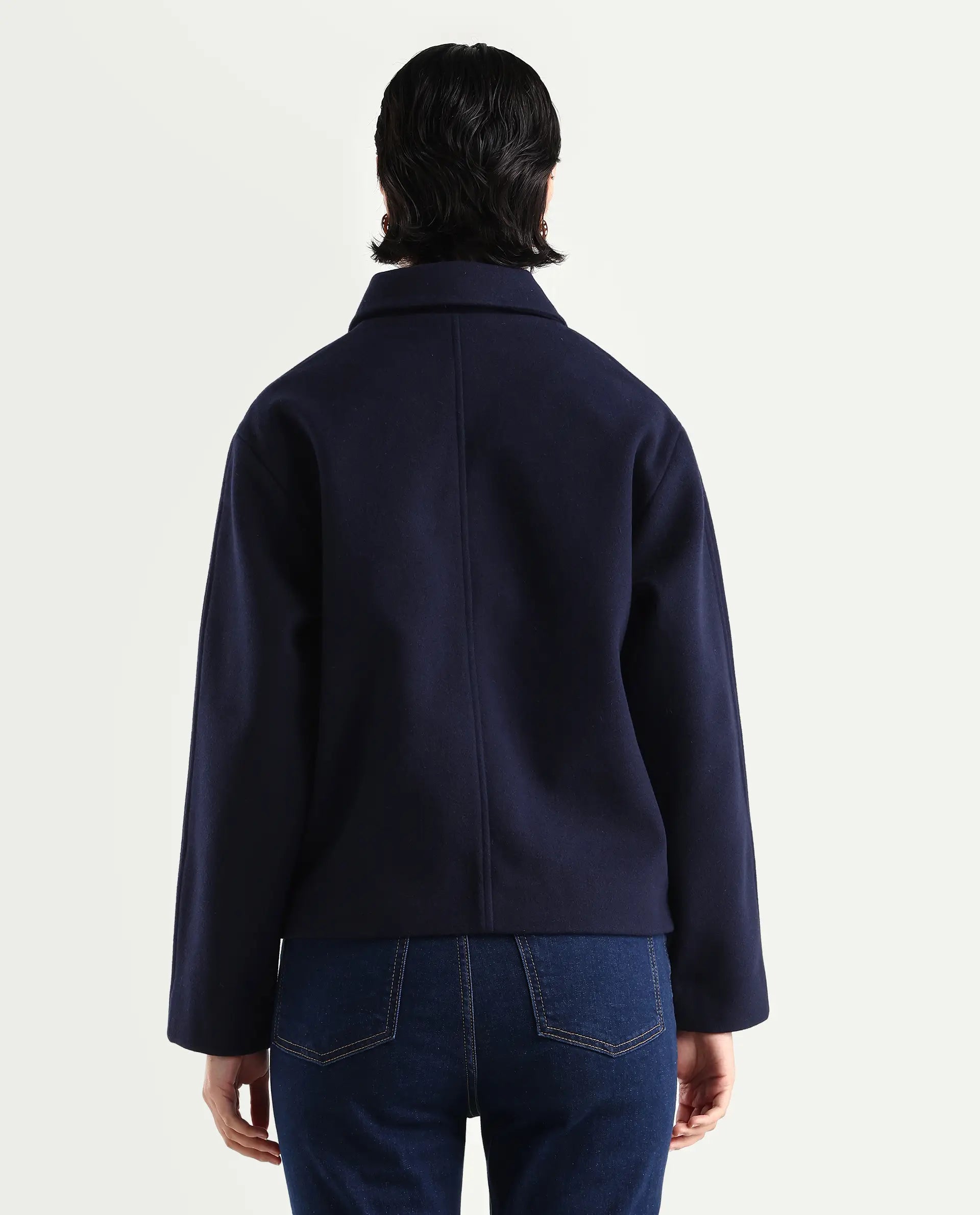 Rareism Women's Nacoz Navy Polyester Blend Spread Collar Regular Fit Jacket