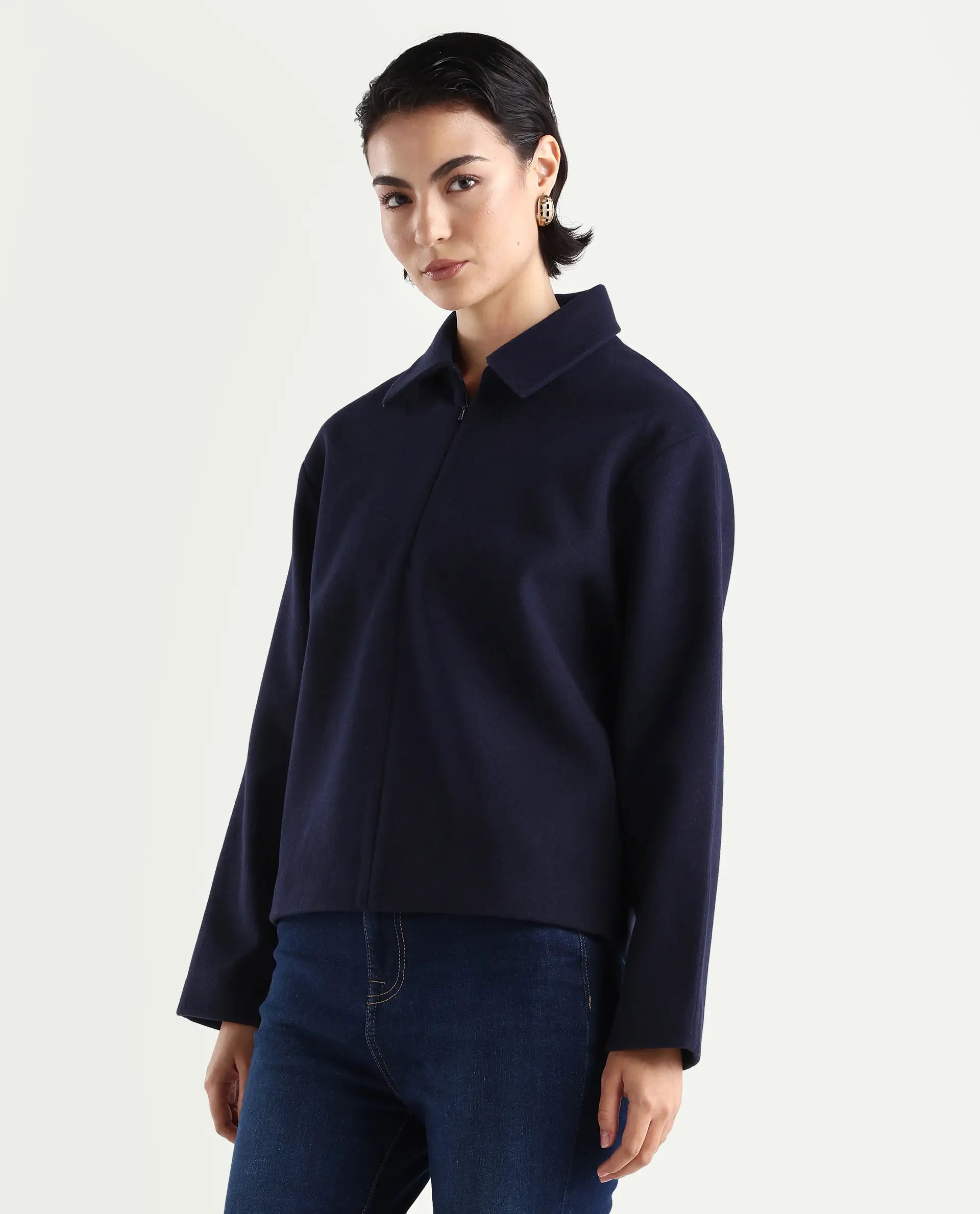 Rareism Women's Nacoz Navy Polyester Blend Spread Collar Regular Fit Jacket