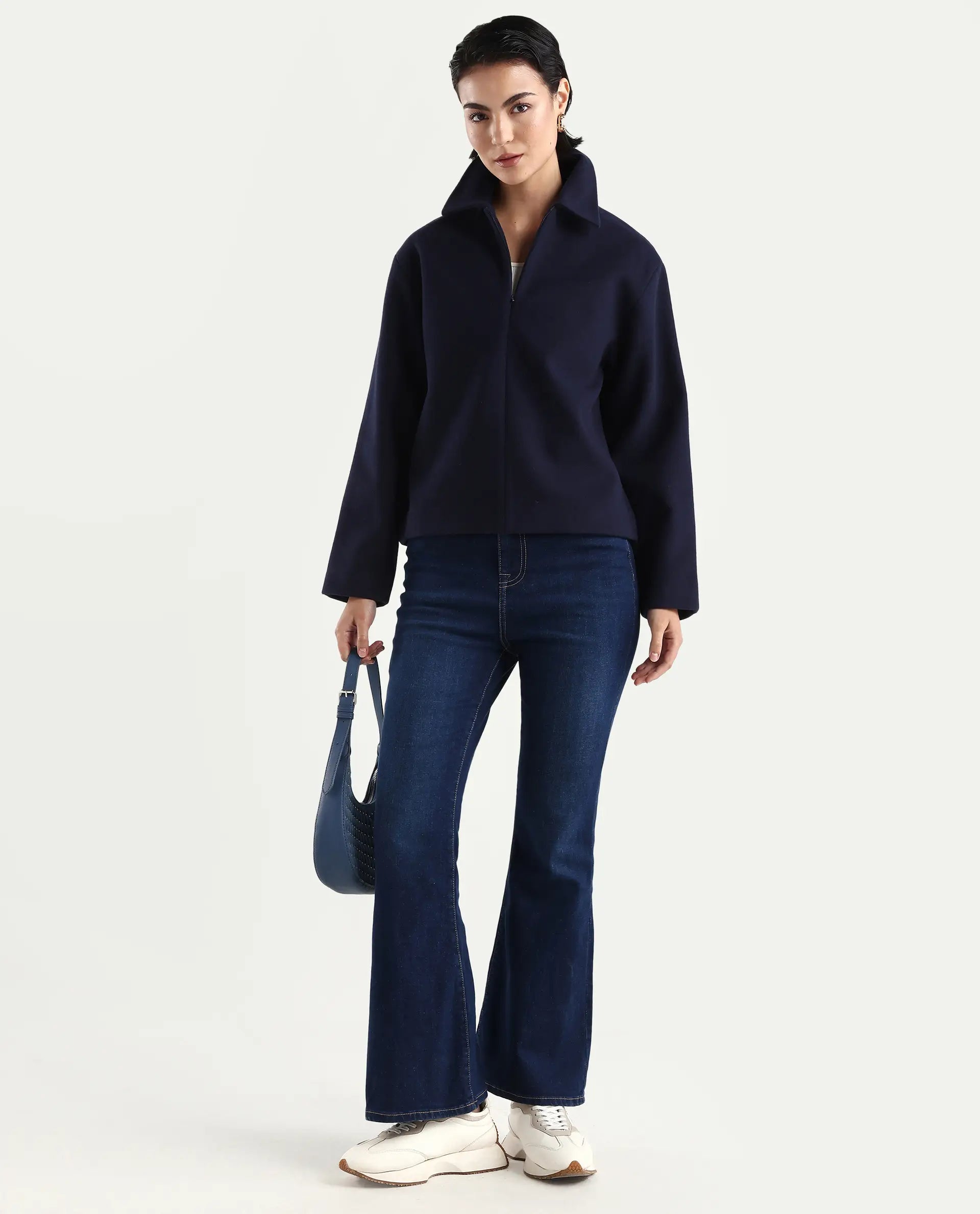 Rareism Women's Nacoz Navy Polyester Blend Spread Collar Regular Fit Jacket