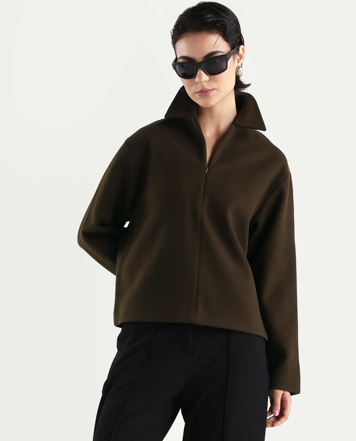 Rareism Women's Nacoz Olive Polyester Blend Spread Collar Regular Fit Jacket