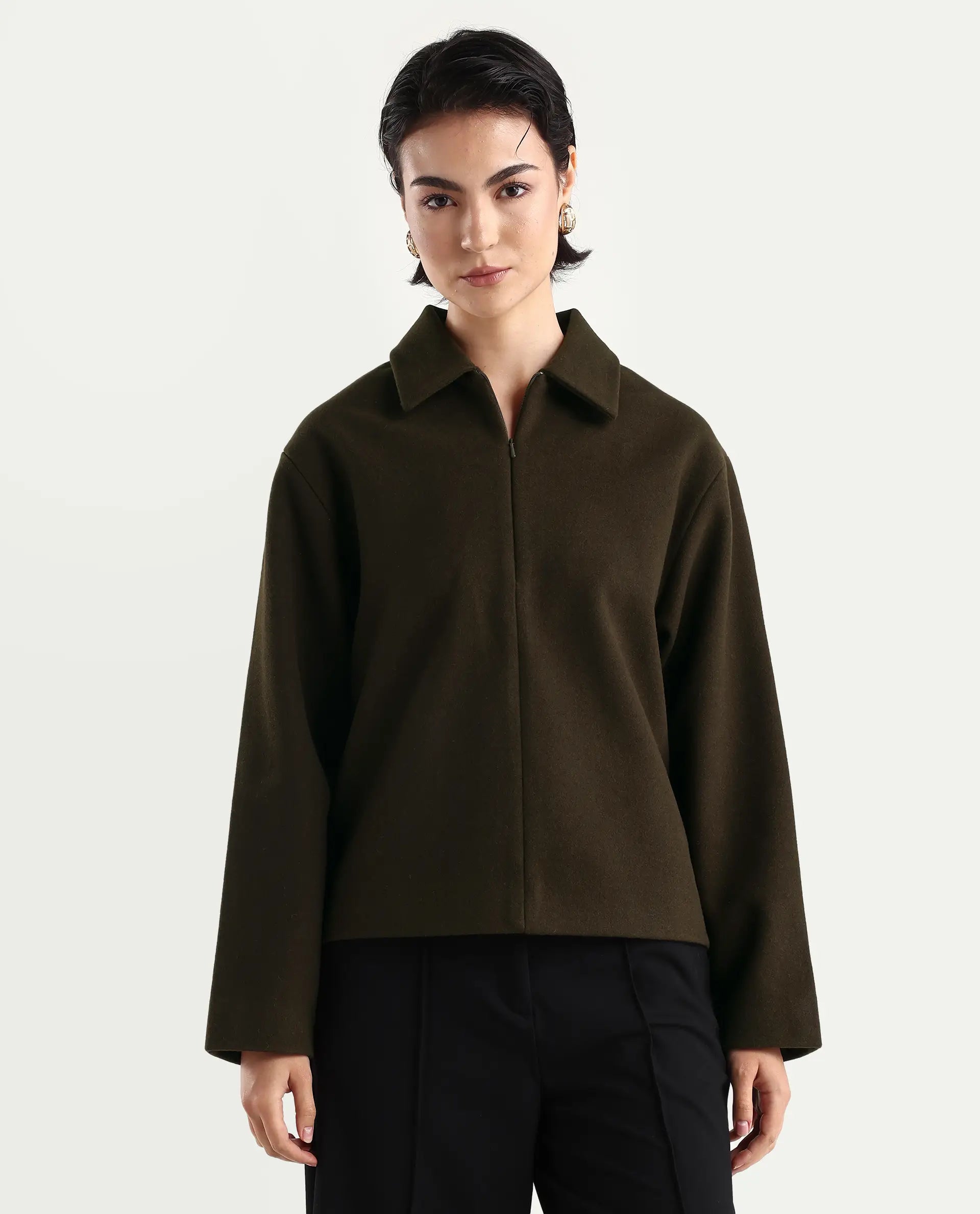 Rareism Women's Nacoz Olive Polyester Blend Spread Collar Regular Fit Jacket