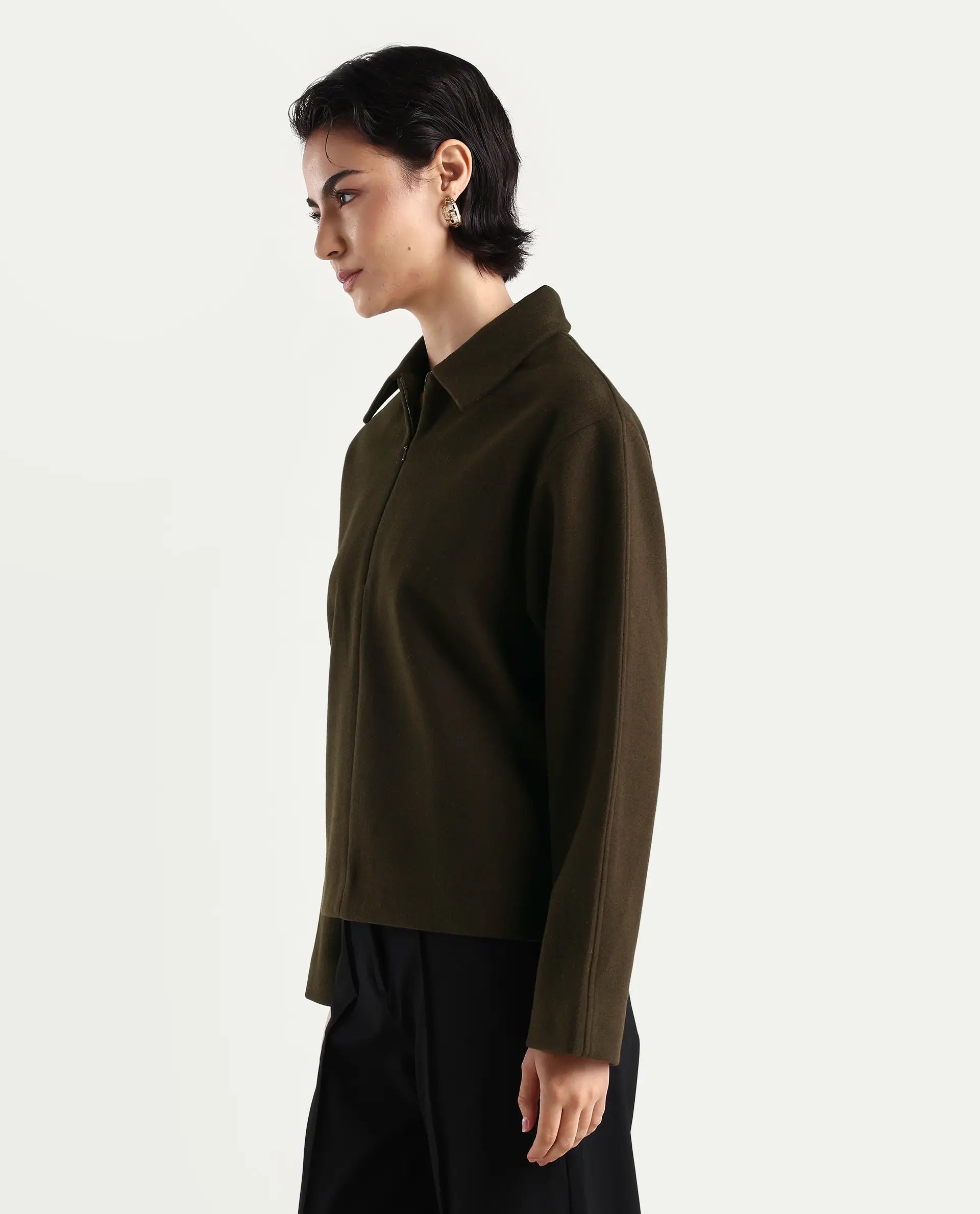Rareism Women's Nacoz Olive Polyester Blend Spread Collar Regular Fit Jacket