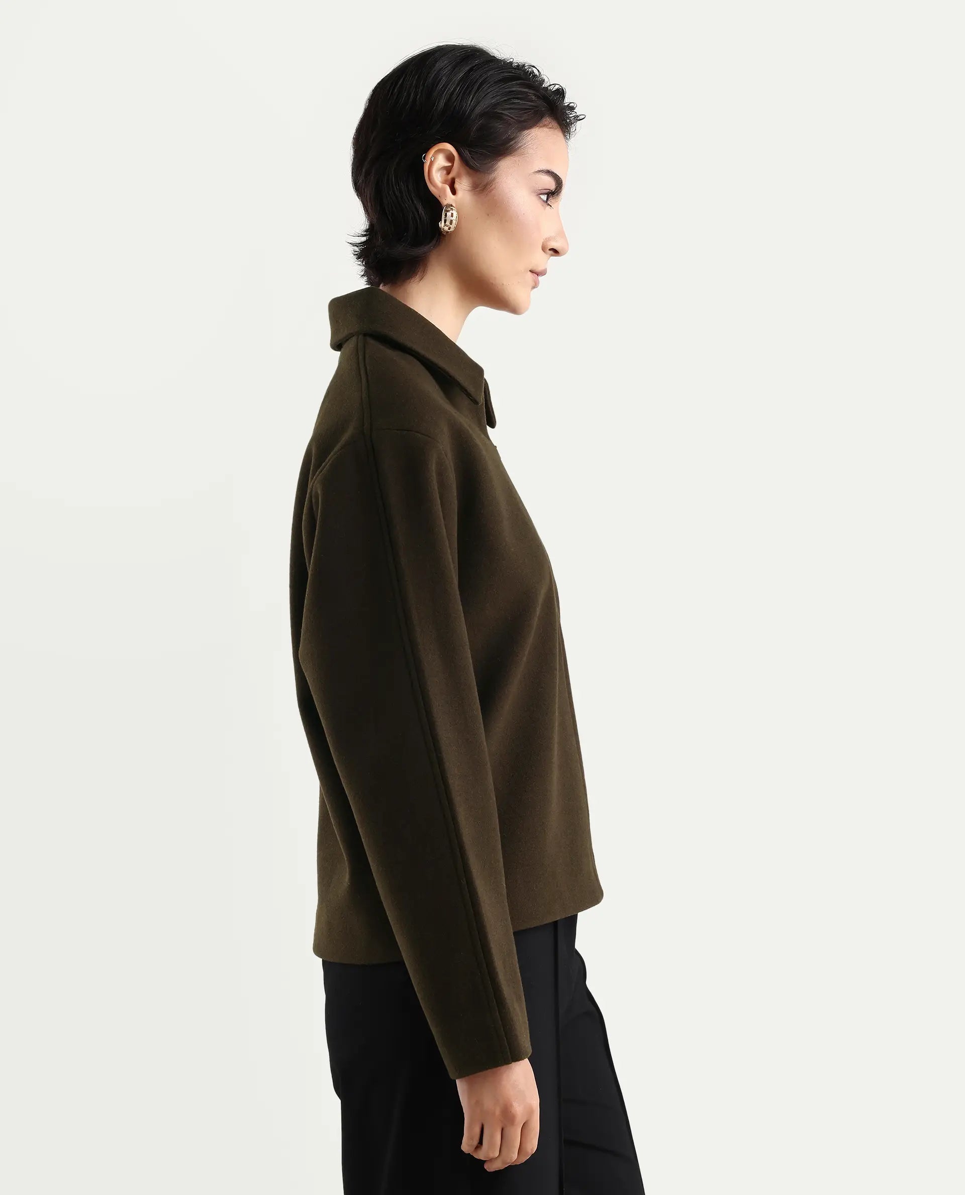 Rareism Women's Nacoz Olive Polyester Blend Spread Collar Regular Fit Jacket