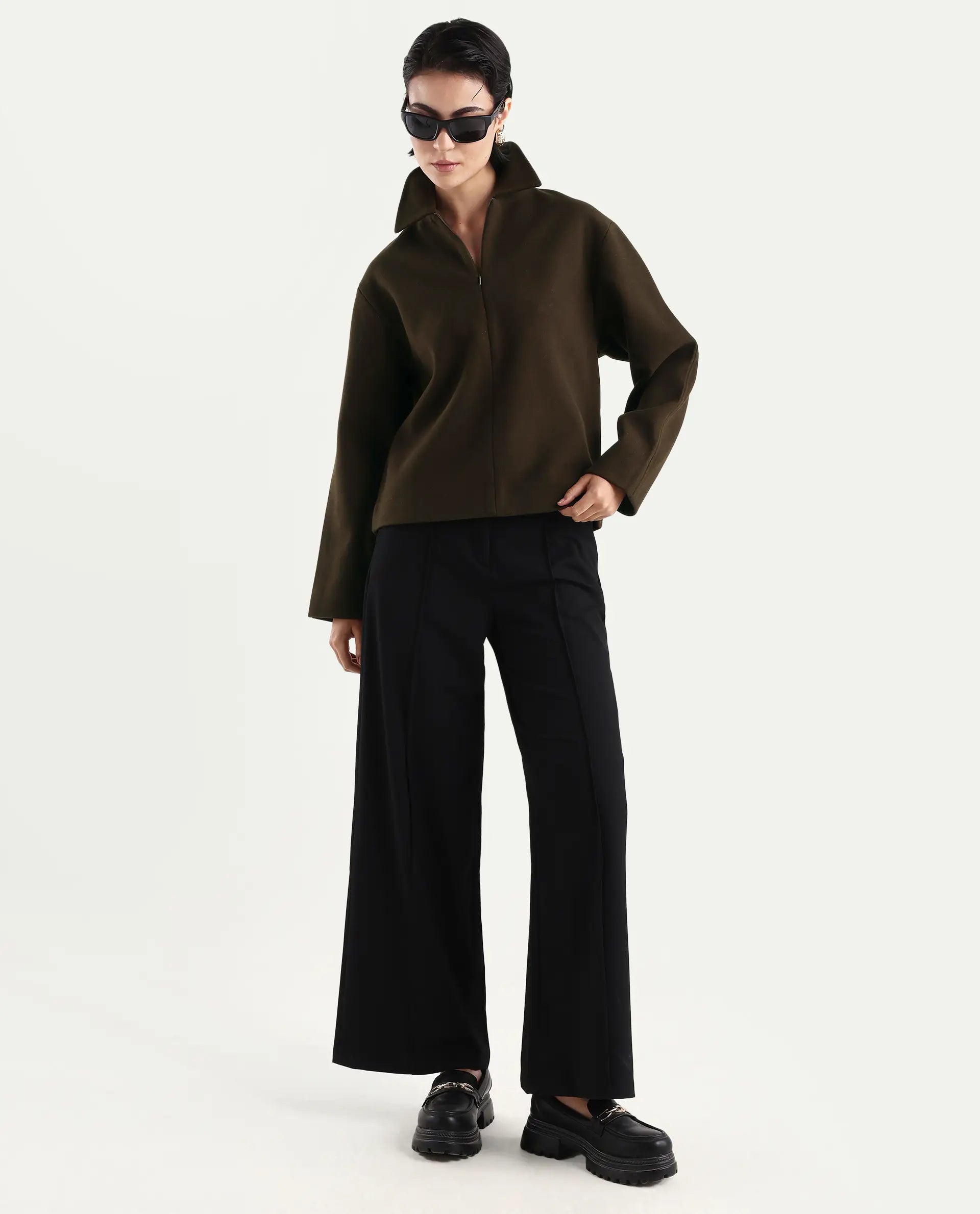 Rareism Women's Nacoz Olive Polyester Blend Spread Collar Regular Fit Jacket