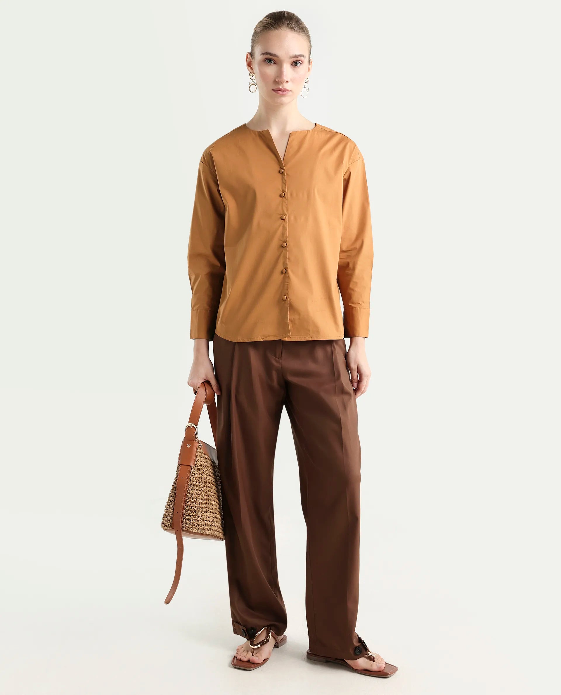 Rareism Women's Nagoya Light Brown Crew Neck Plain Cuffed Sleeve Regular Fit Top