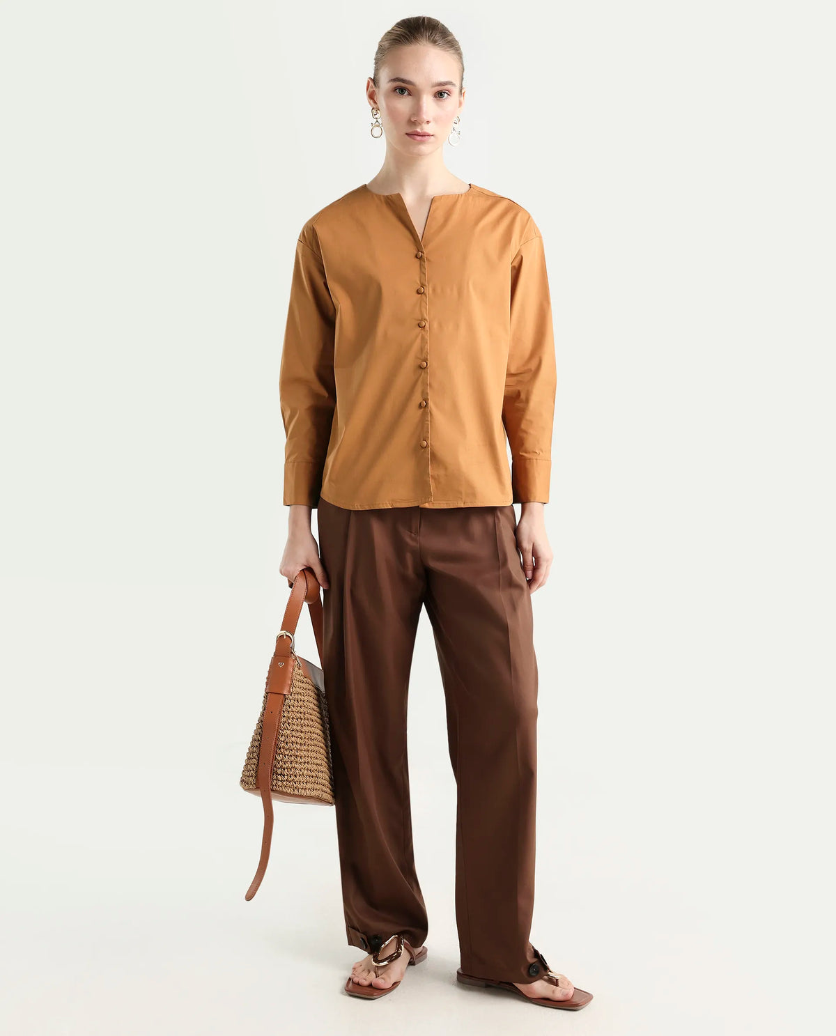 Rareism Women's Nagoya Light Brown Crew Neck Plain Cuffed Sleeve Regular Fit Top