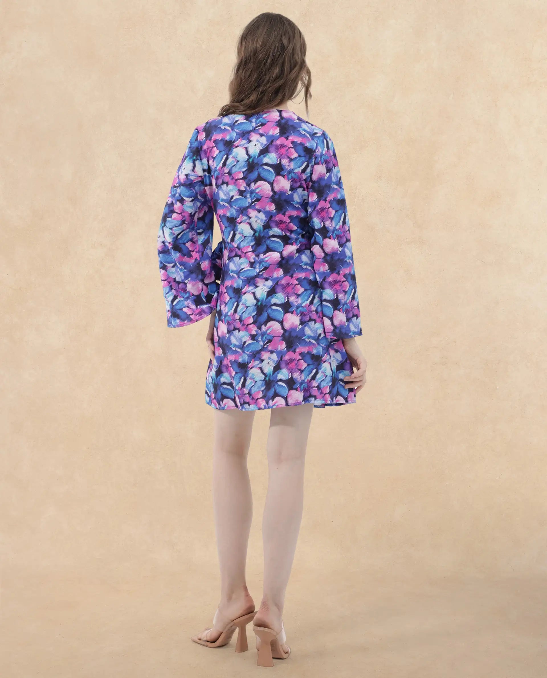 Rareism Women's Naho Multi Nylon Blend Overlap Neck Floral Print Mini Wrap Dress