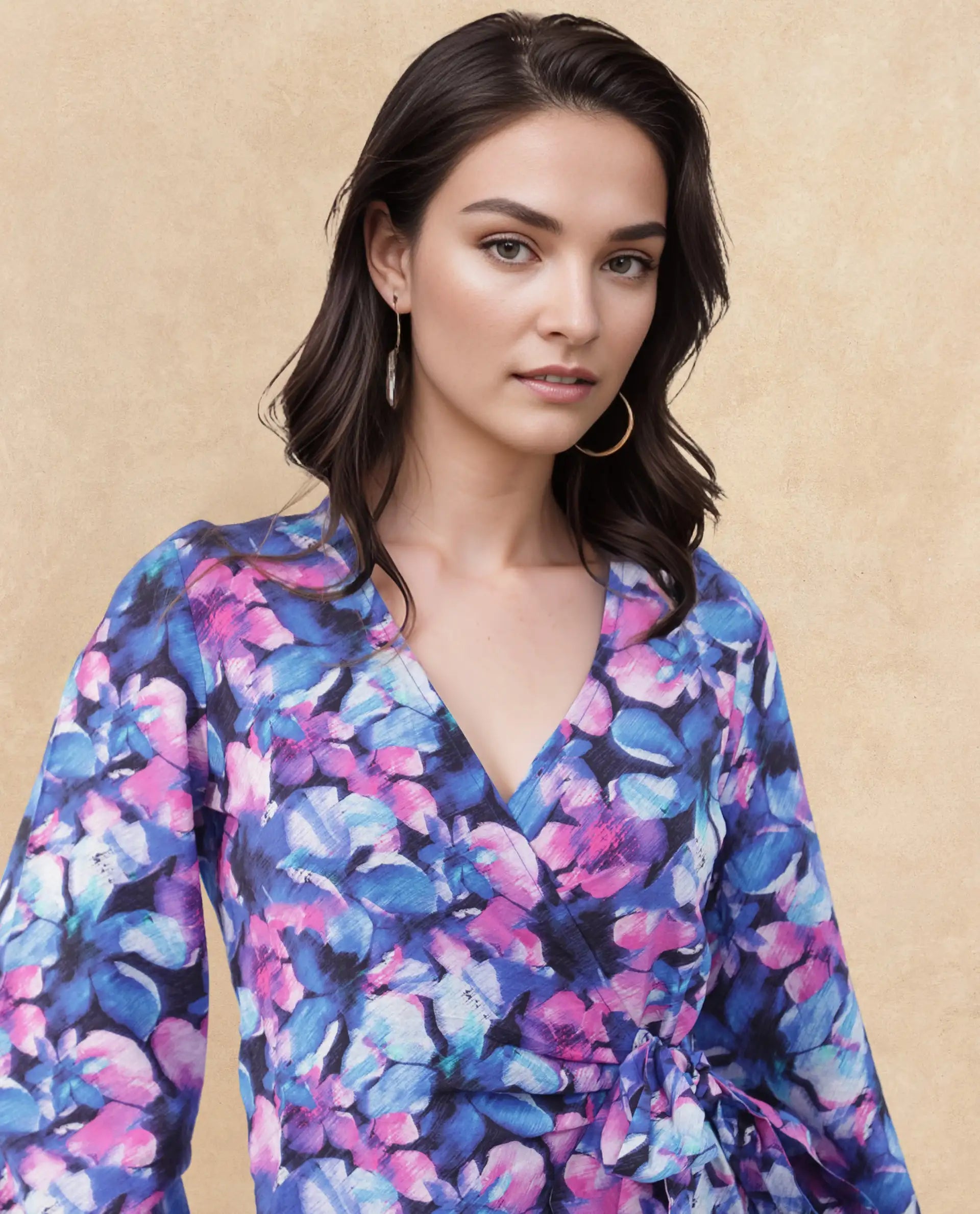 Rareism Women's Naho Multi Nylon Blend Overlap Neck Floral Print Mini Wrap Dress