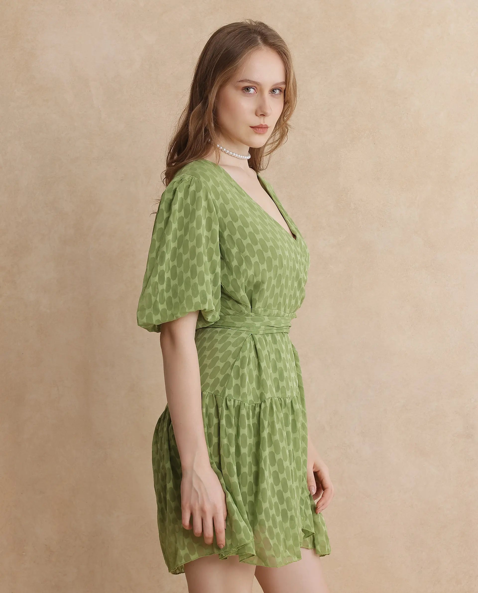 Rareism Women's Namika Light Green V-Neck Tie-Up Closure Balloon Sleeve Plain Fit And Flare Mini Dress