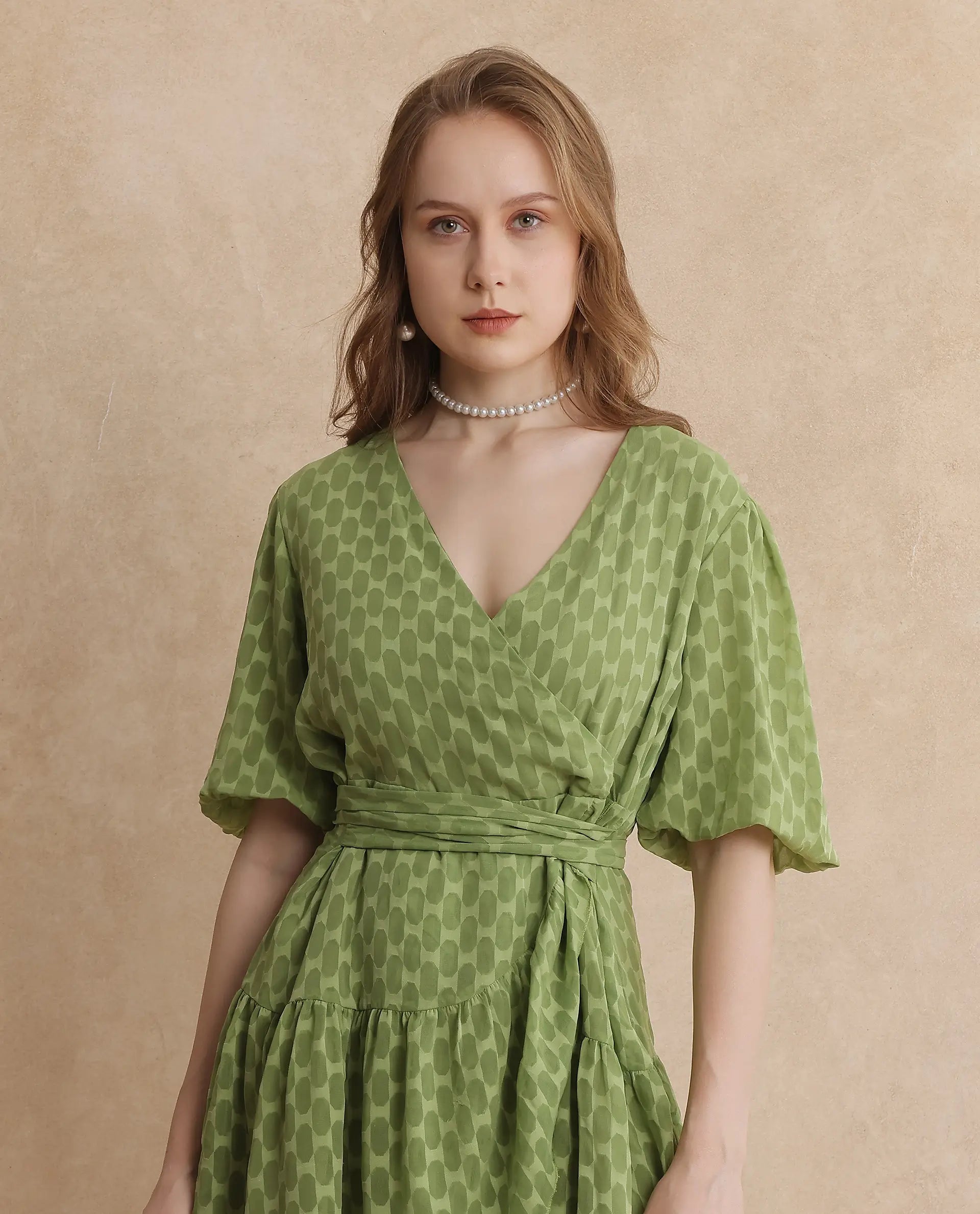 Rareism Women's Namika Light Green V-Neck Tie-Up Closure Balloon Sleeve Plain Fit And Flare Mini Dress