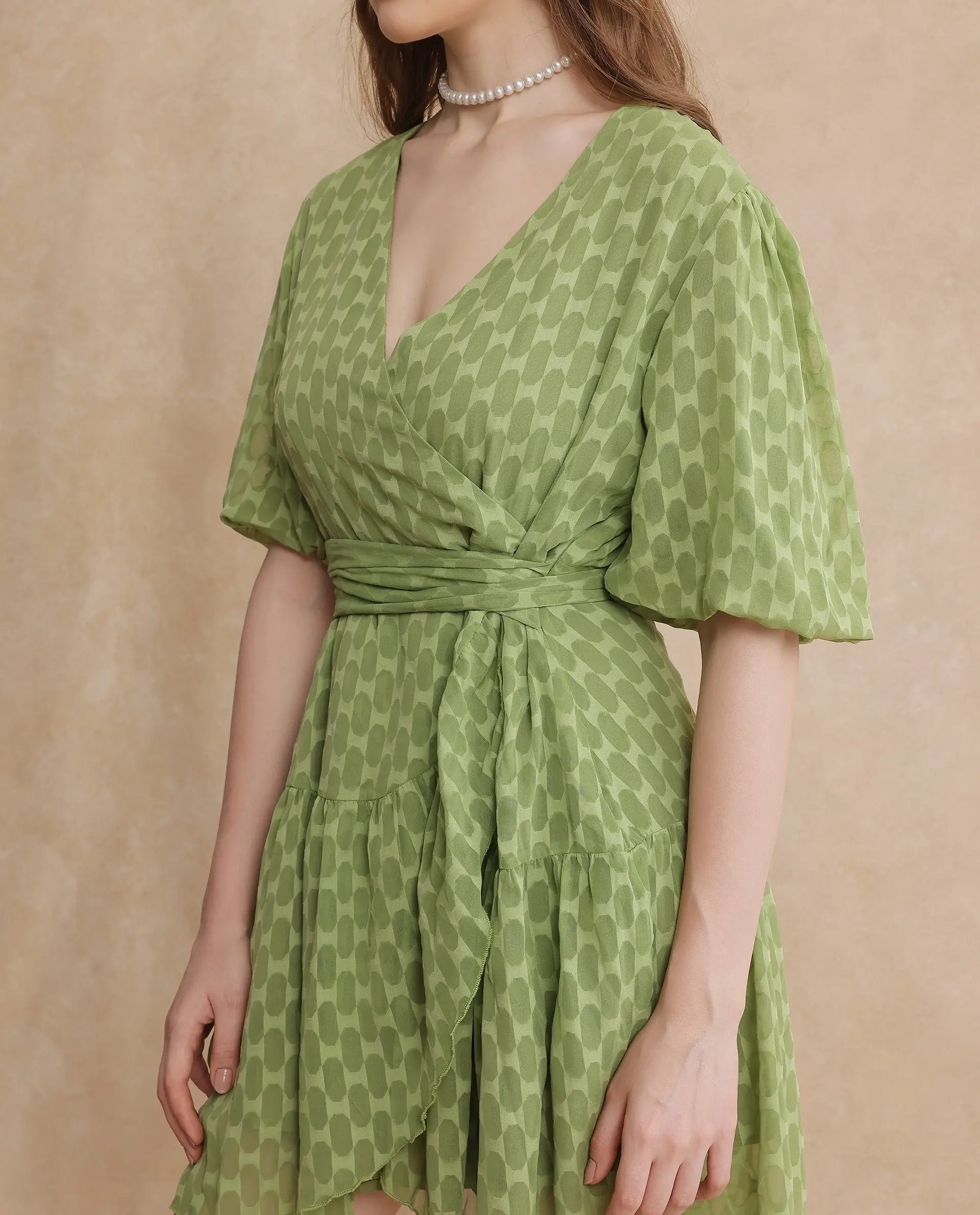 Rareism Women's Namika Light Green V-Neck Tie-Up Closure Balloon Sleeve Plain Fit And Flare Mini Dress