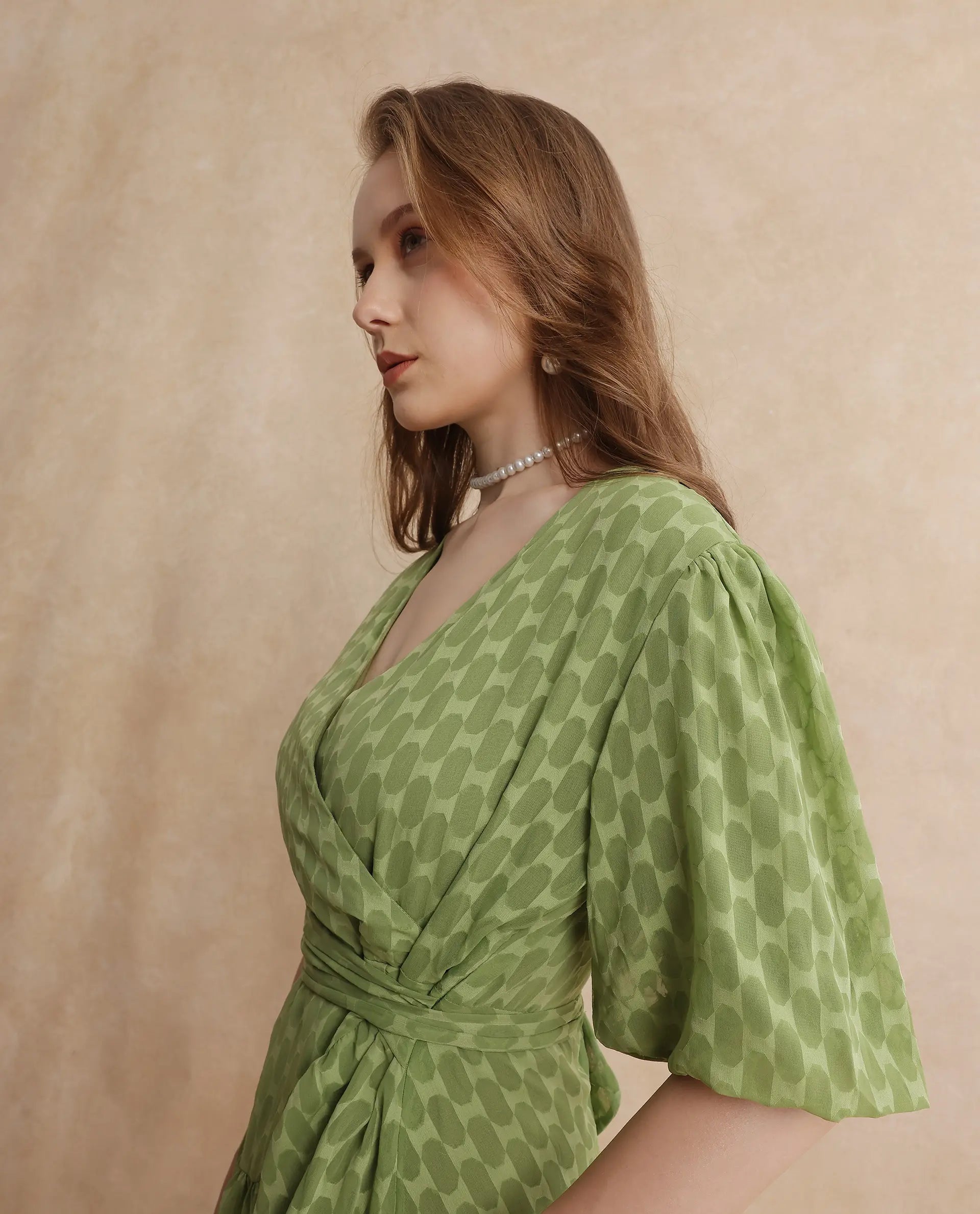 Rareism Women's Namika Light Green V-Neck Tie-Up Closure Balloon Sleeve Plain Fit And Flare Mini Dress