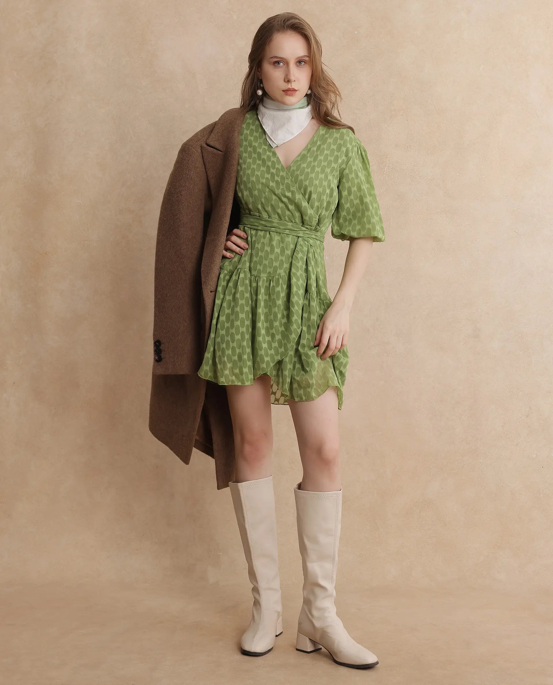 Rareism Women's Namika Light Green V-Neck Tie-Up Closure Balloon Sleeve Plain Fit And Flare Mini Dress