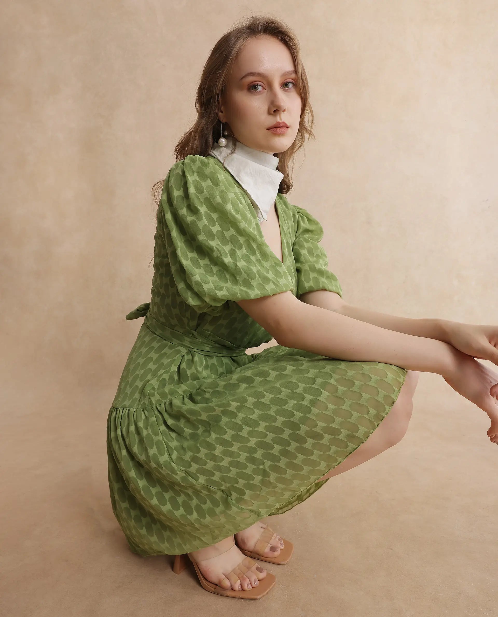 Rareism Women's Namika Light Green V-Neck Tie-Up Closure Balloon Sleeve Plain Fit And Flare Mini Dress