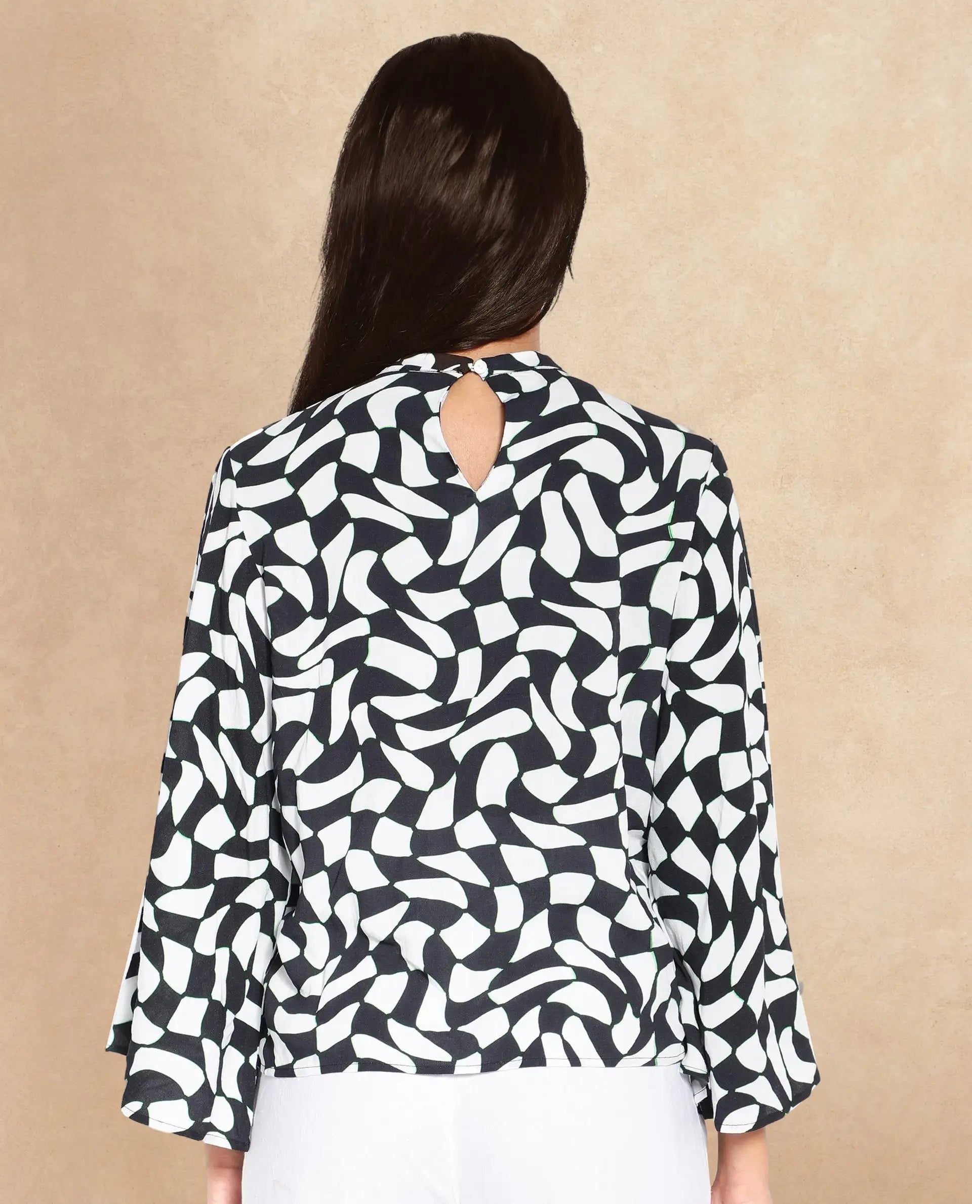 Rareism Women's Napleo Black Viscose Blend High Neck Geometric Print Bell Sleeve Regular Fit Top