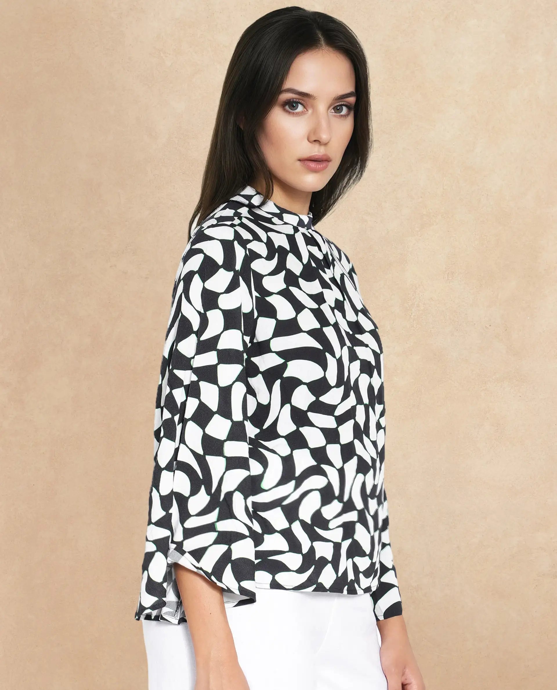 Rareism Women's Napleo Black Viscose Blend High Neck Geometric Print Bell Sleeve Regular Fit Top