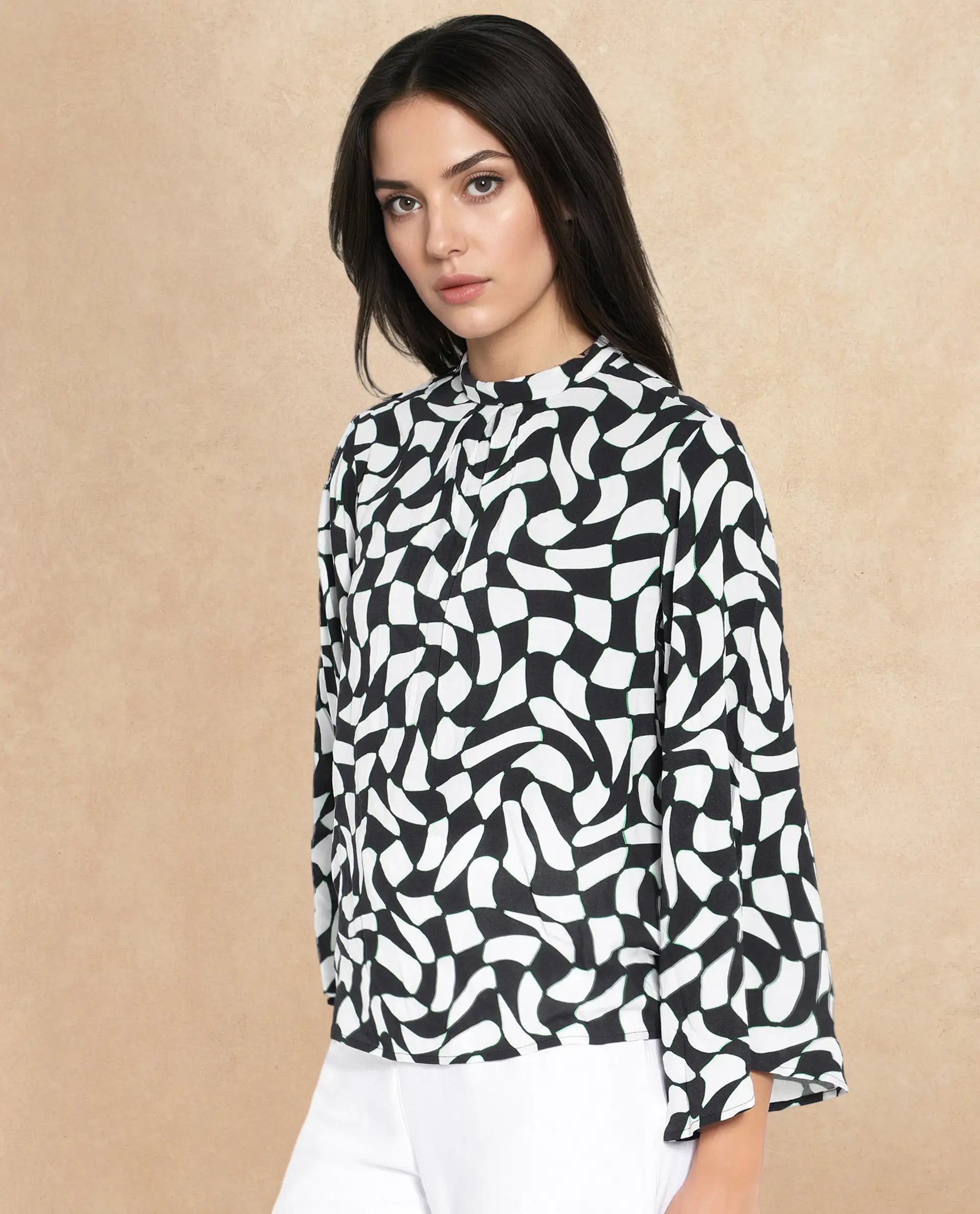 Rareism Women's Napleo Black Viscose Blend High Neck Geometric Print Bell Sleeve Regular Fit Top