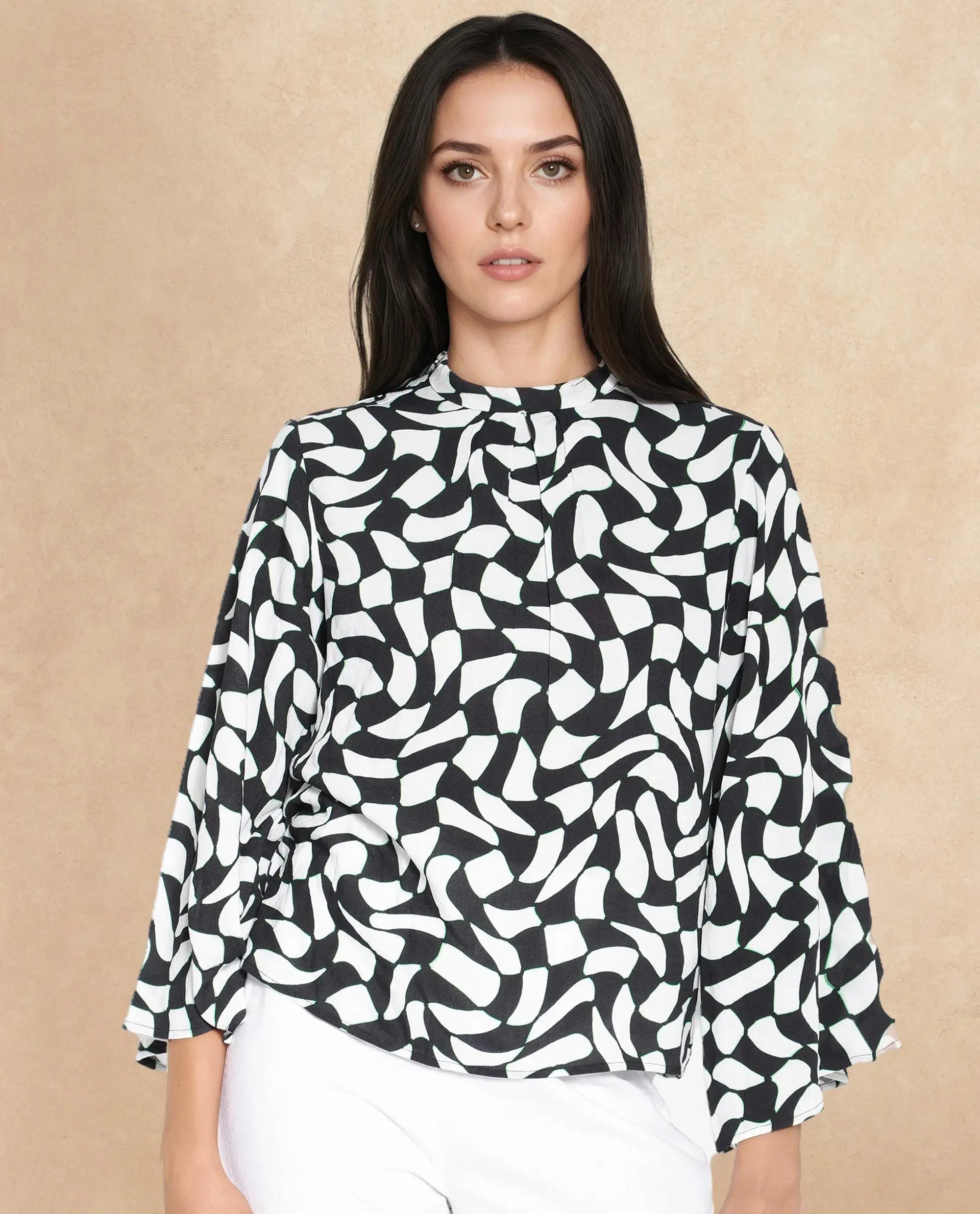Rareism Women's Napleo Black Viscose Blend High Neck Geometric Print Bell Sleeve Regular Fit Top