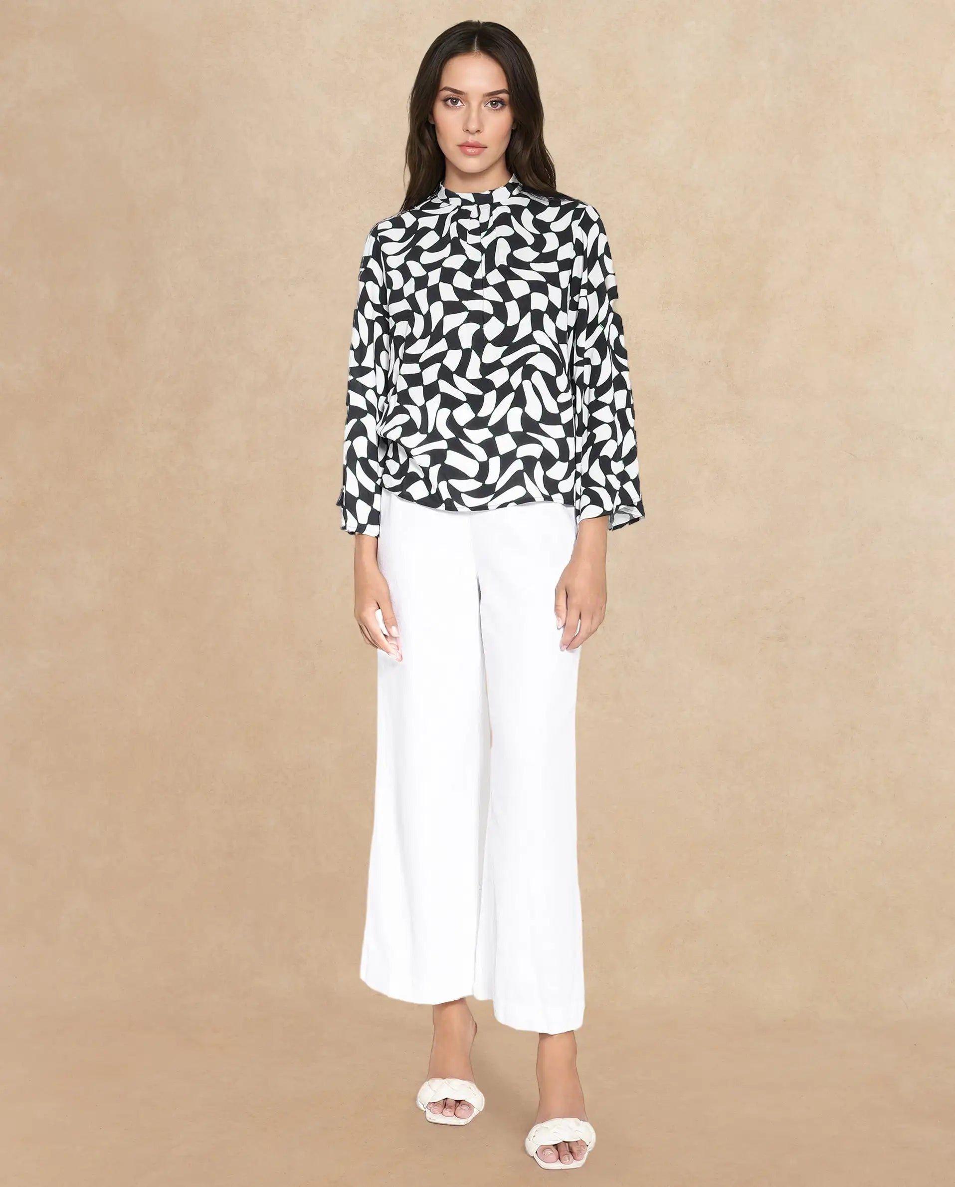 Rareism Women's Napleo Black Viscose Blend High Neck Geometric Print Bell Sleeve Regular Fit Top