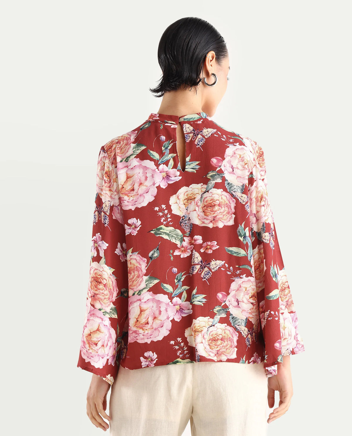 Rareism Women's Naplesco Maroon Viscose Blend High Neck Floral Print Bell Sleeve Regular Fit Top