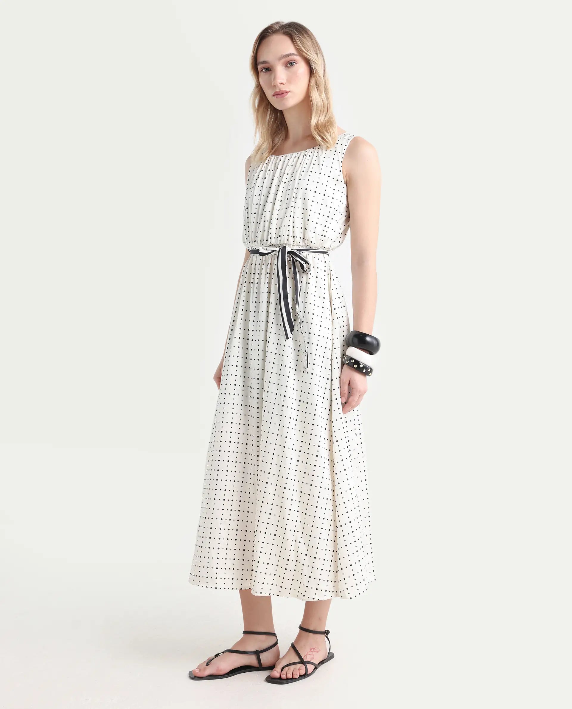 Rareism Women's Narcissa Beige Polyester Boat Neck Polka Print Sleeveless Knee Length Regular Fit Dress