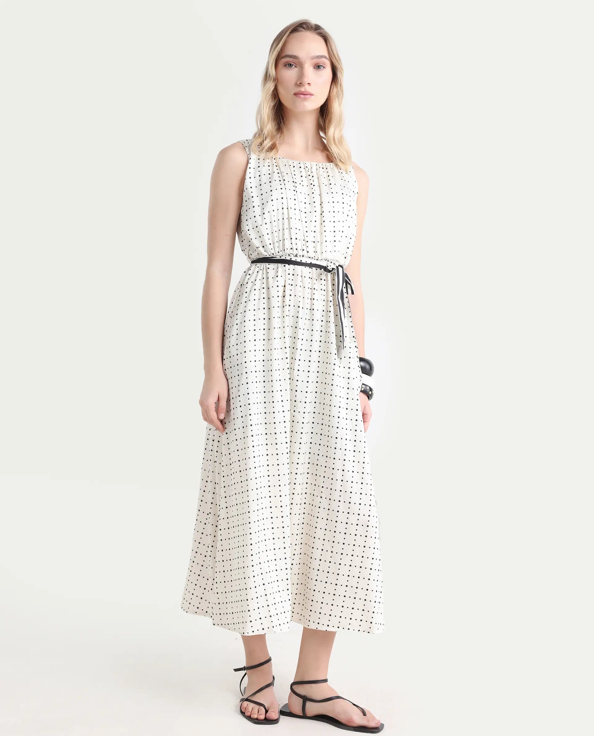 Rareism Women's Narcissa Beige Polyester Boat Neck Polka Print Sleeveless Knee Length Regular Fit Dress