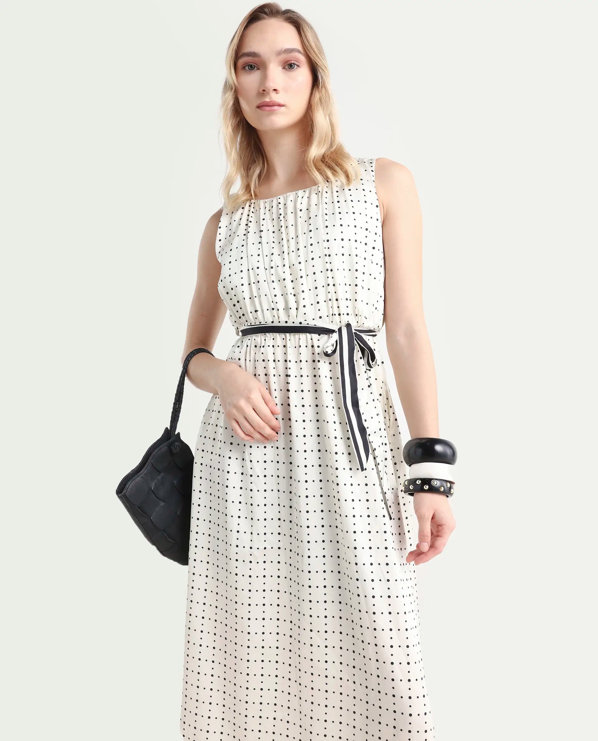 Rareism Women's Narcissa Beige Polyester Boat Neck Polka Print Sleeveless Knee Length Regular Fit Dress