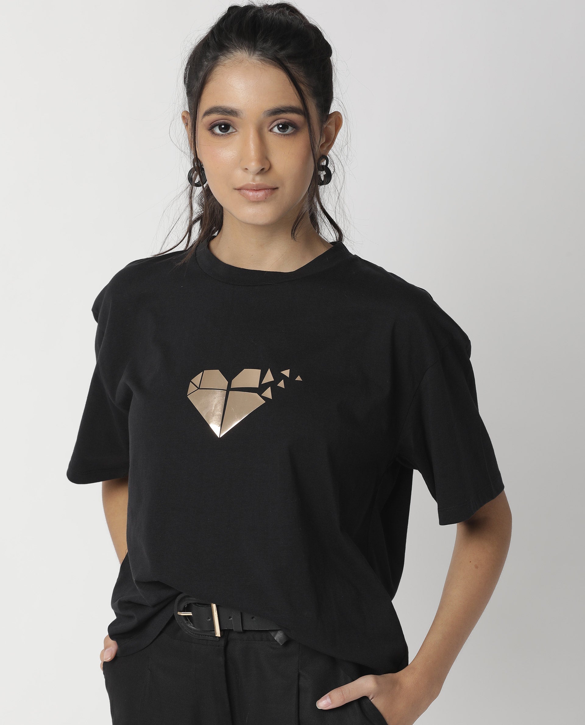 Rareism Womens Nat Black T-Shirt Cotton Fabric Regular Fit Half Sleeve Round Neck