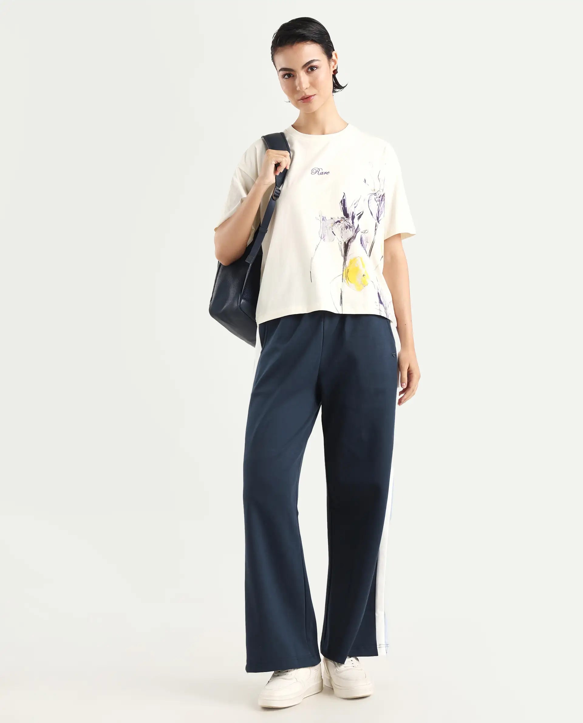 Rareism Women's Naut Navy Cotton Plain Ankle Length Wide Track Pant