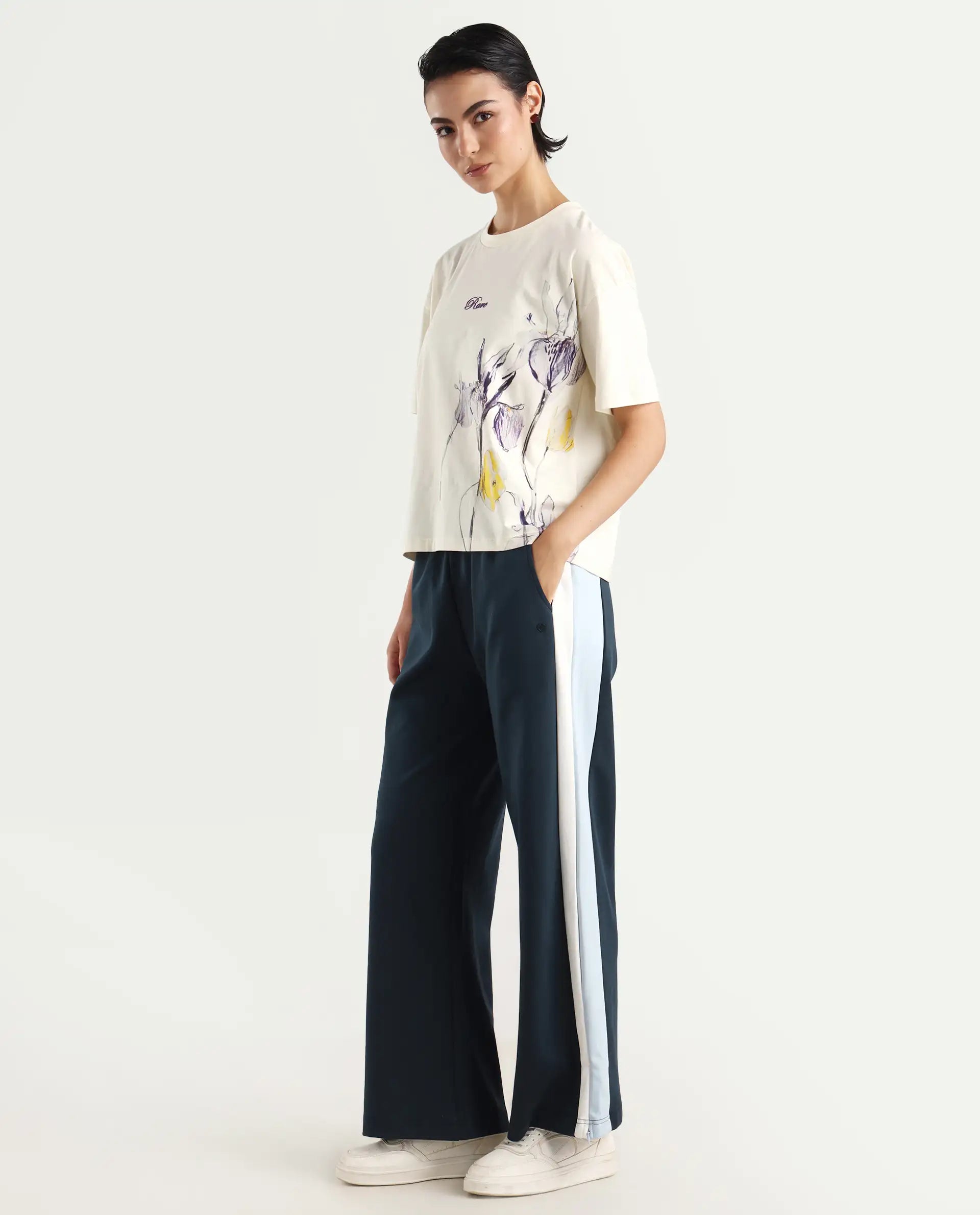 Rareism Women's Naut Navy Cotton Plain Ankle Length Wide Track Pant