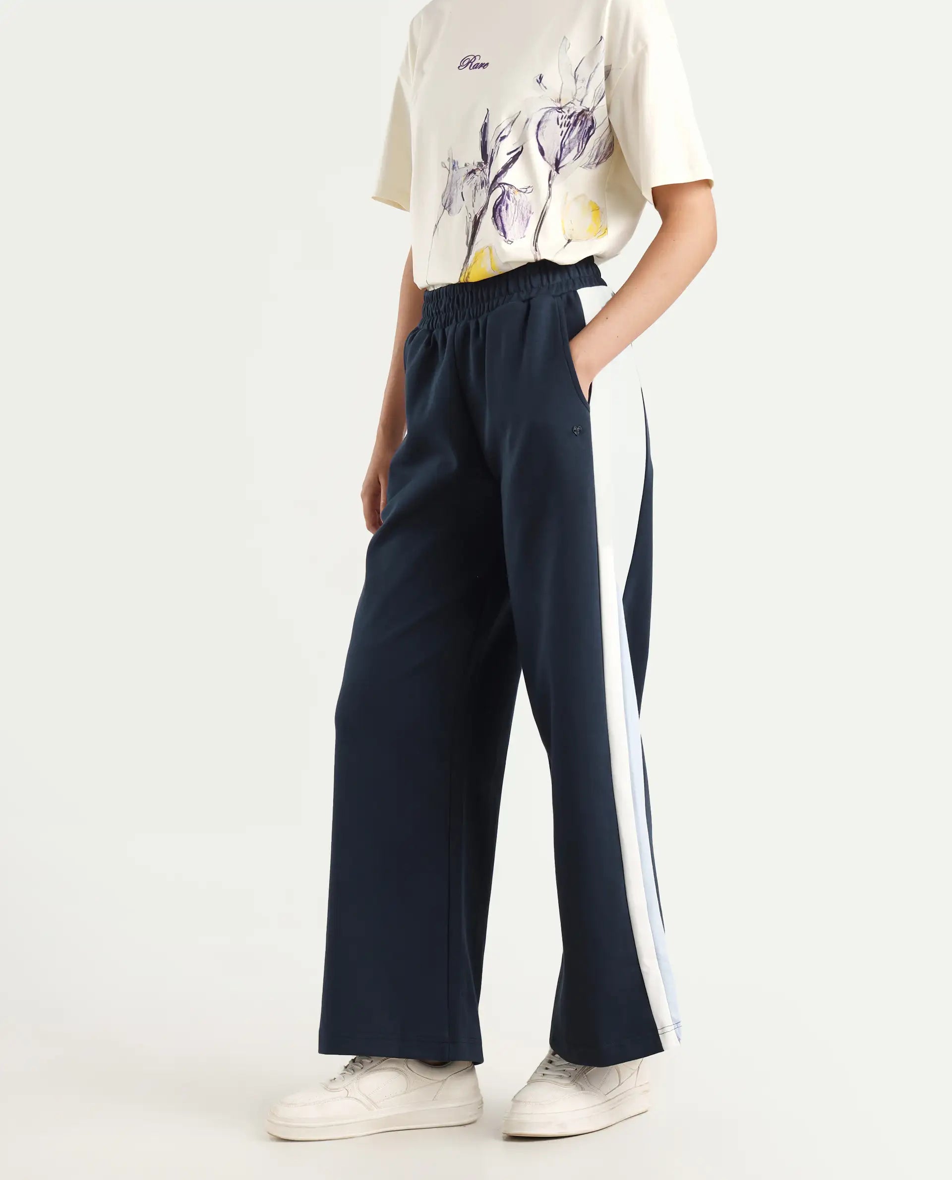 Rareism Women's Naut Navy Cotton Plain Ankle Length Wide Track Pant