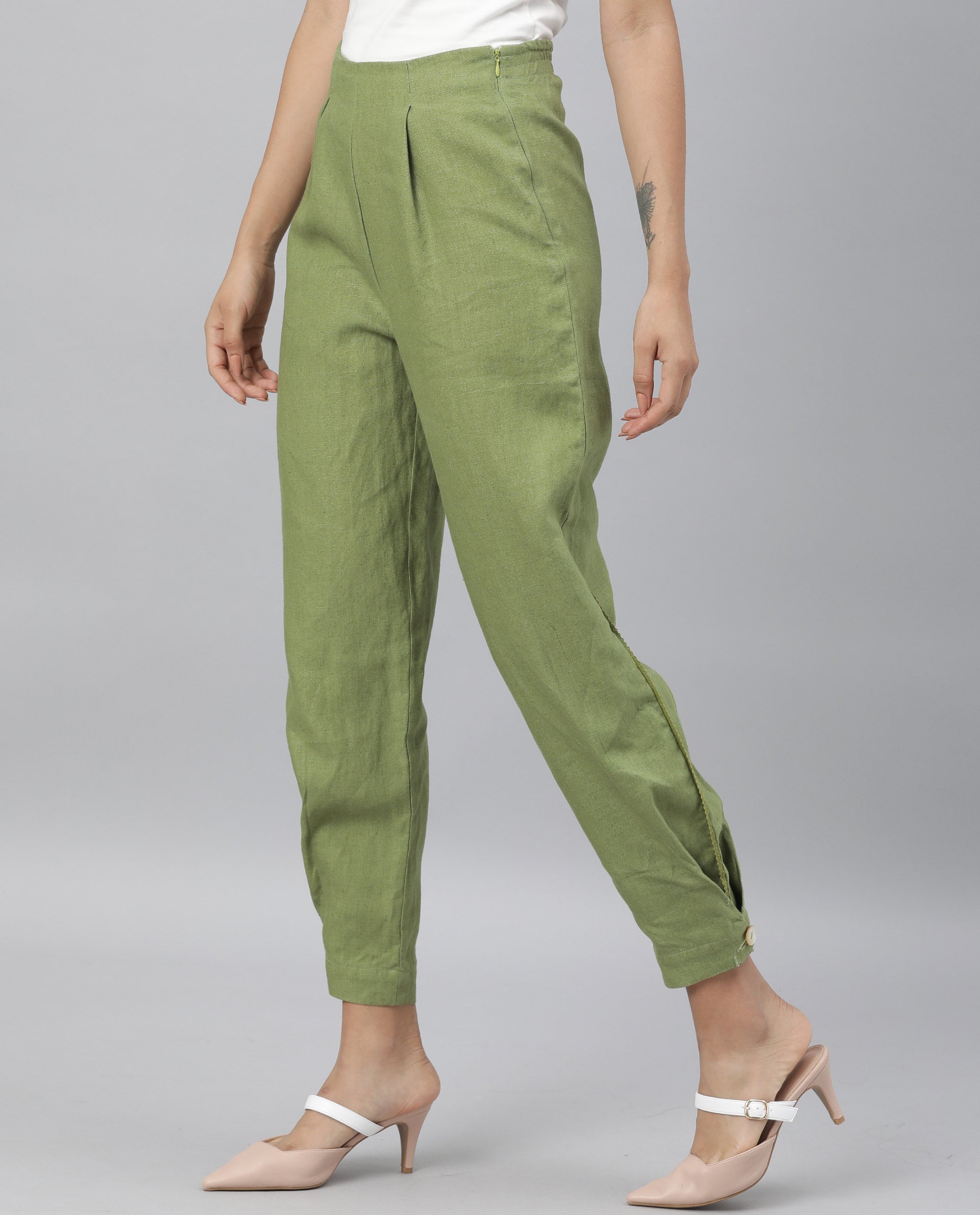 Rareism Women Navi Green Trousers Cotton Linen Fabric Zip Clouser Solid