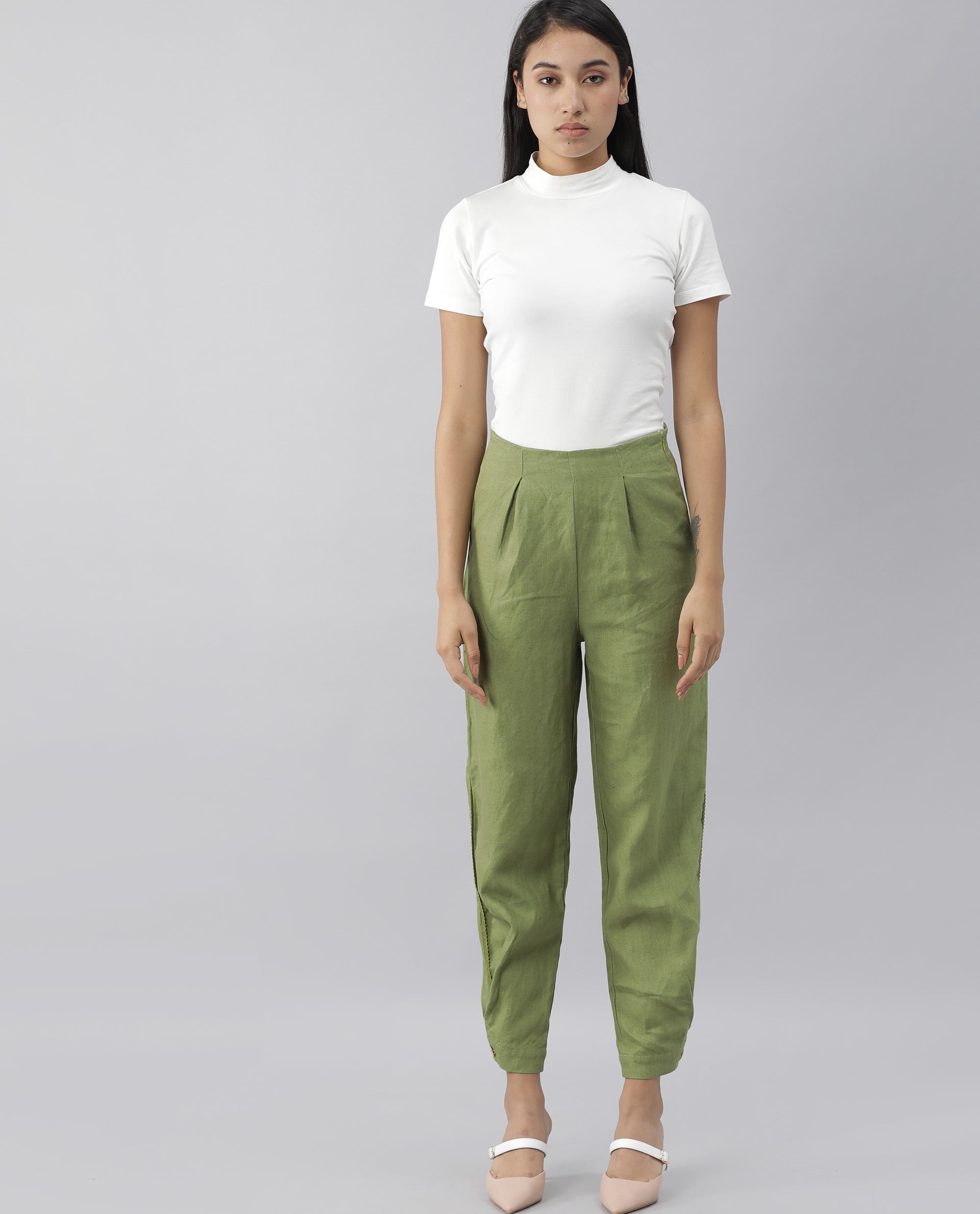 Rareism Women Navi Green Trousers Cotton Linen Fabric Zip Clouser Solid