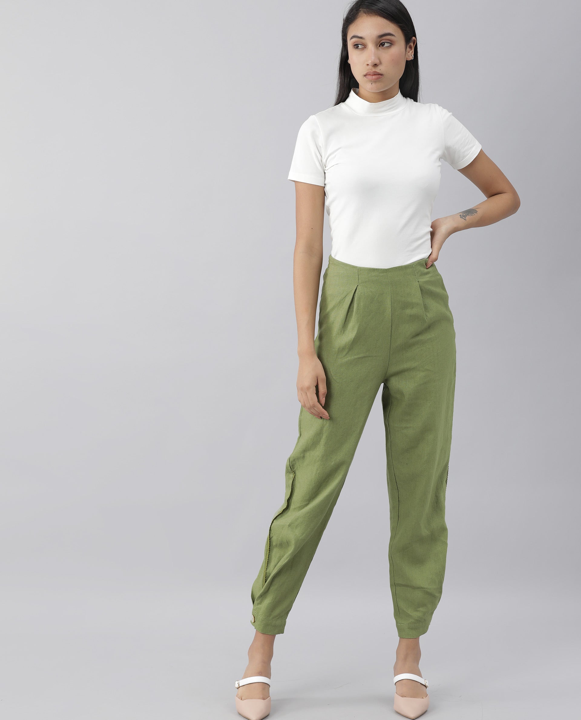 Rareism Women Navi Green Trousers Cotton Linen Fabric Zip Clouser Solid