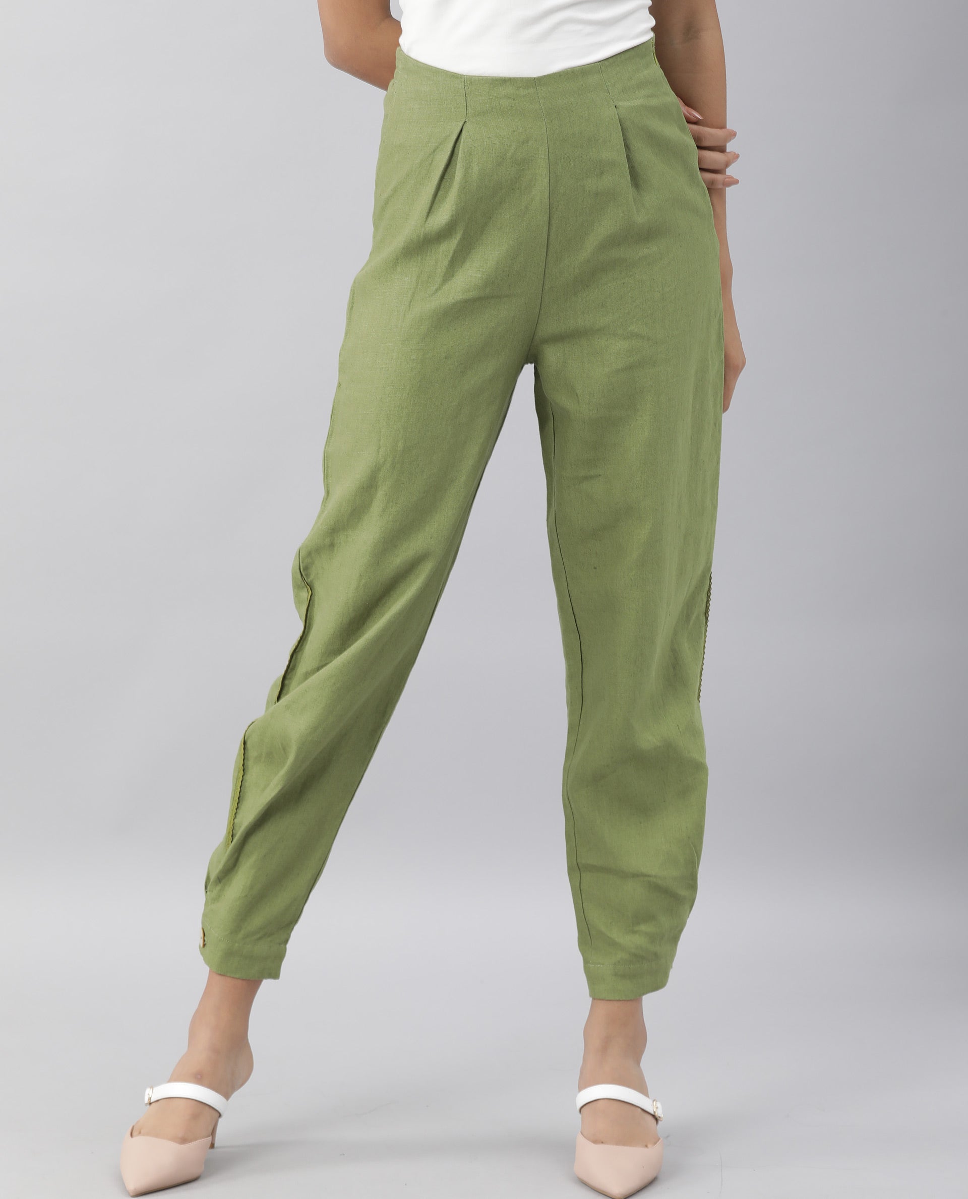 Rareism Women Navi Green Trousers Cotton Linen Fabric Zip Clouser Solid