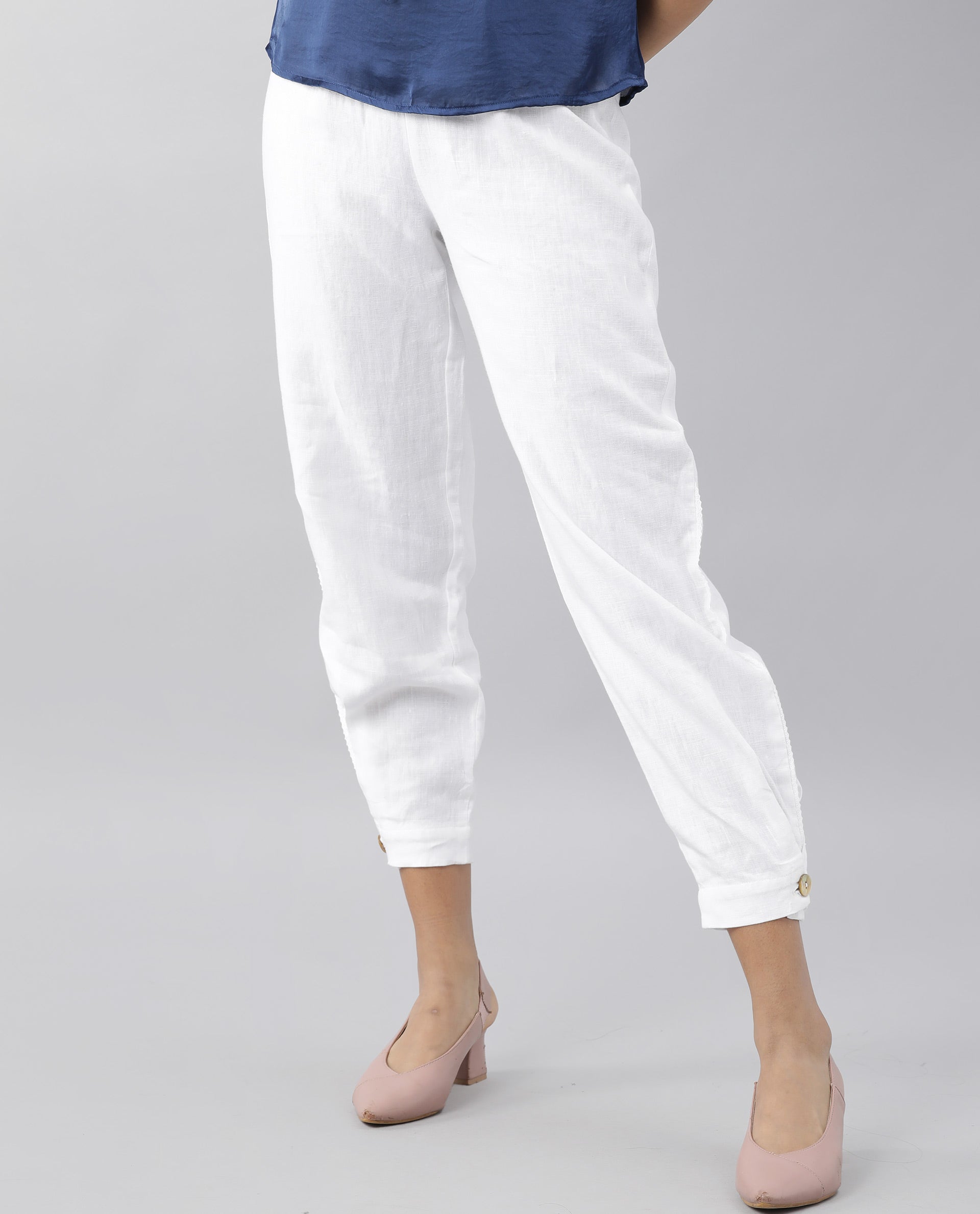 Rareism Women's Navi White Linen Plain Knee Length Regular Fit Trouser