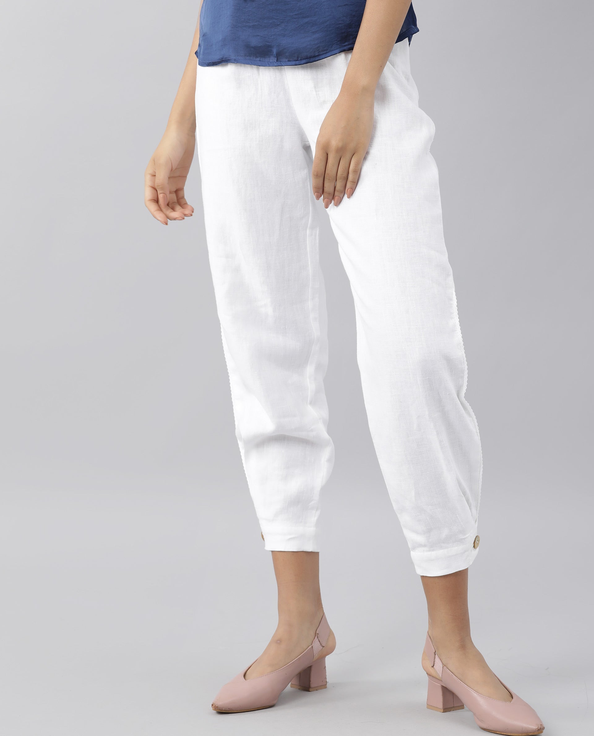 Rareism Women's Navi White Linen Plain Knee Length Regular Fit Trouser