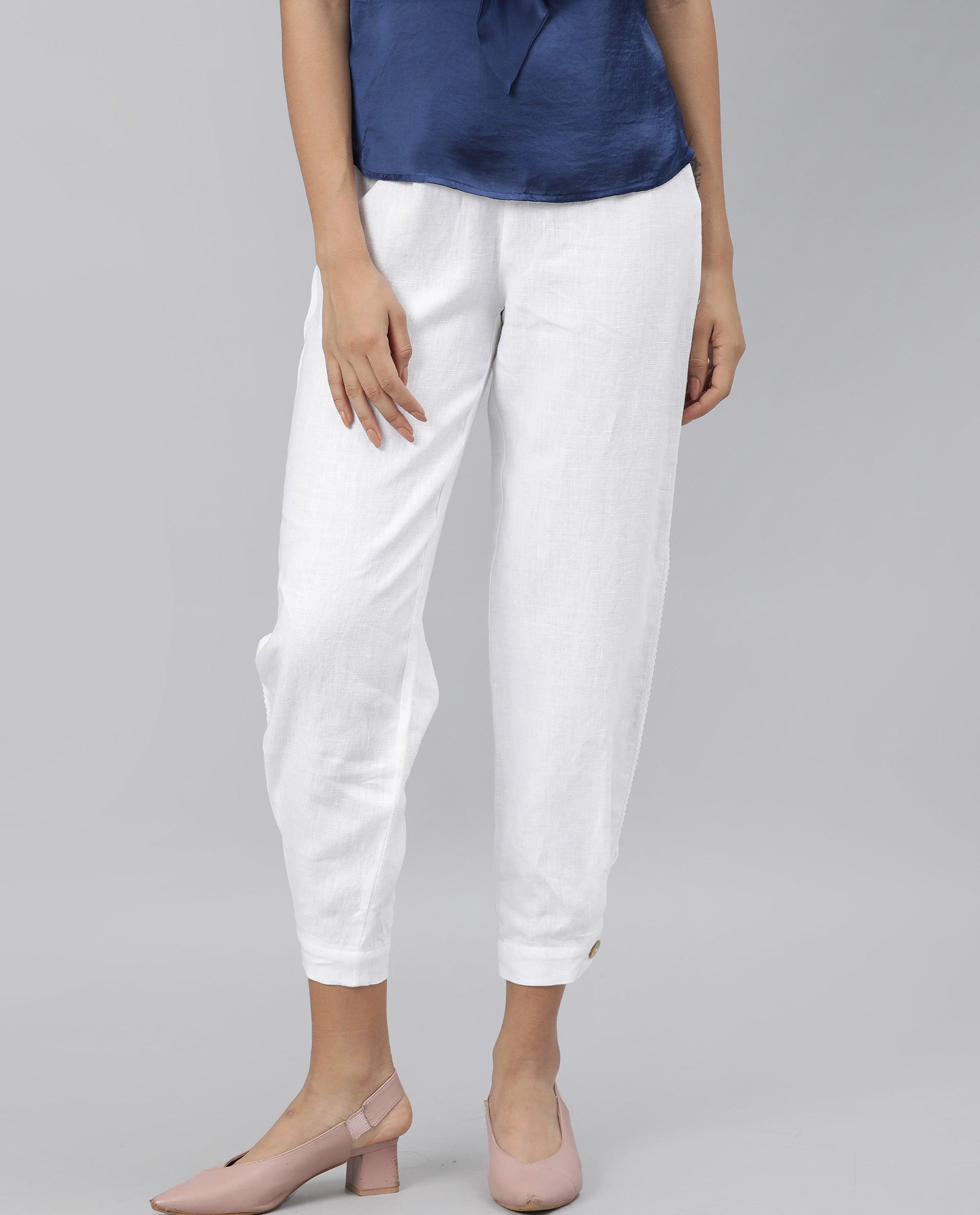 Rareism Women's Navi White Linen Plain Knee Length Regular Fit Trouser