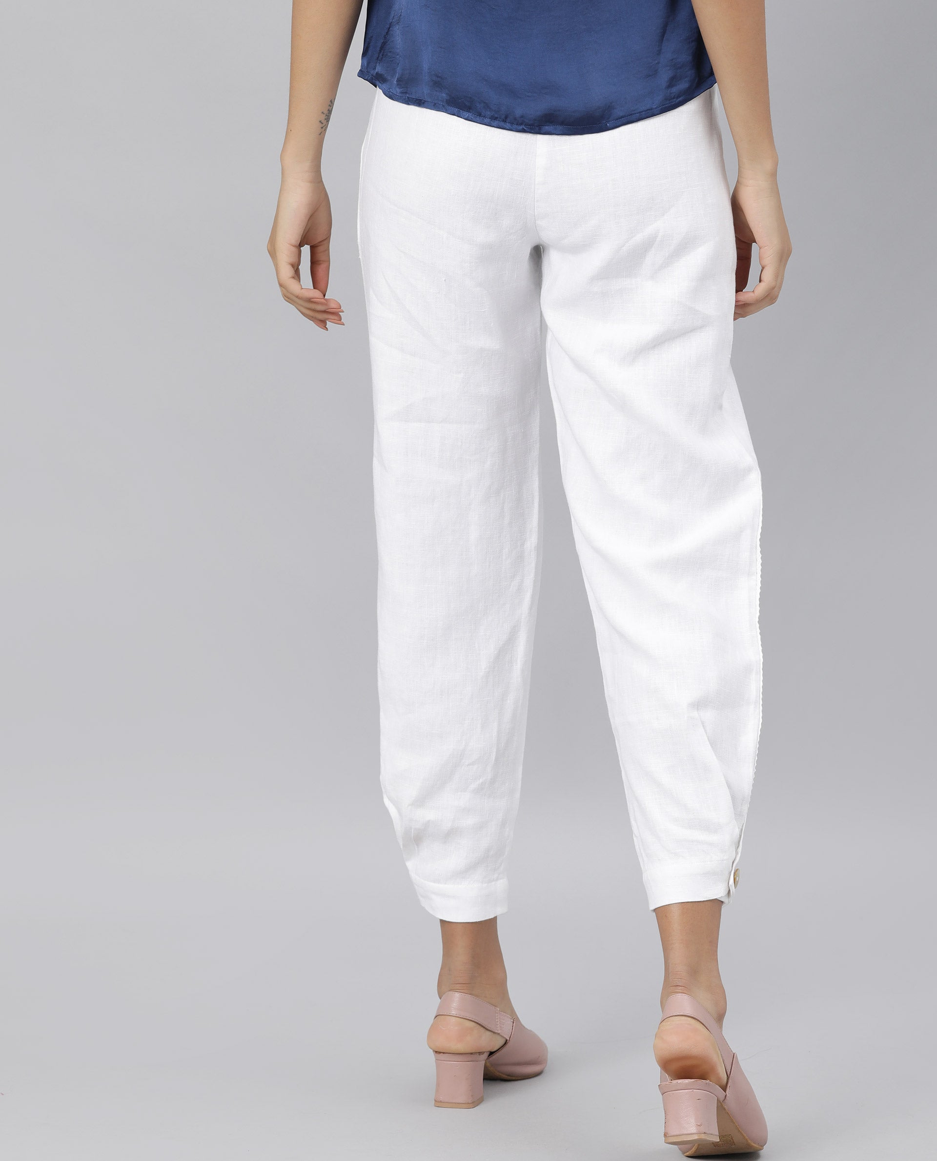 Rareism Women Navi White Trousers Cotton Linen Fabric Zip Clouser Solid