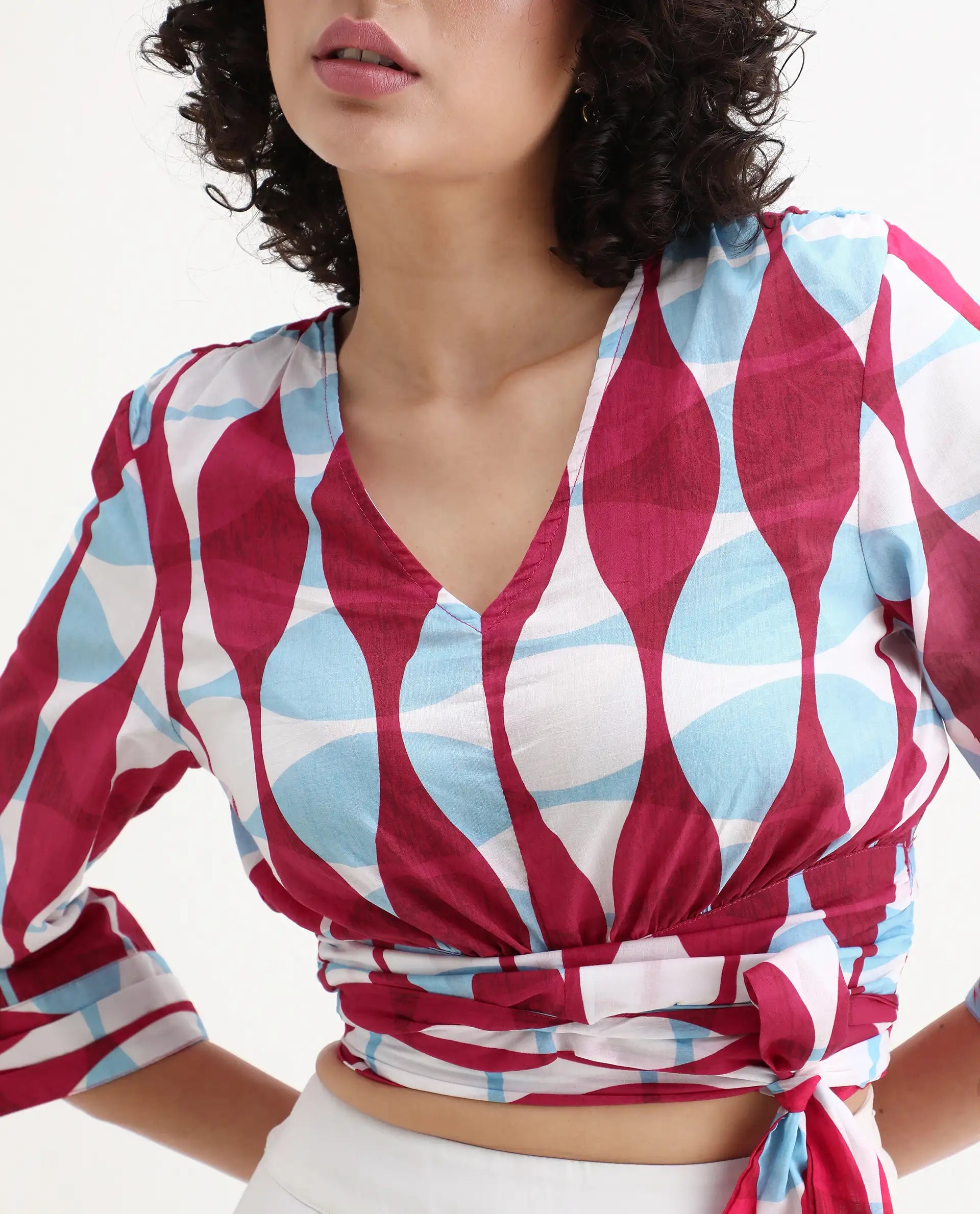 Rareism Women's Nayber Multi Cotton V-Neck Geometric Print Bell Sleeve Crop Regular Fit Top