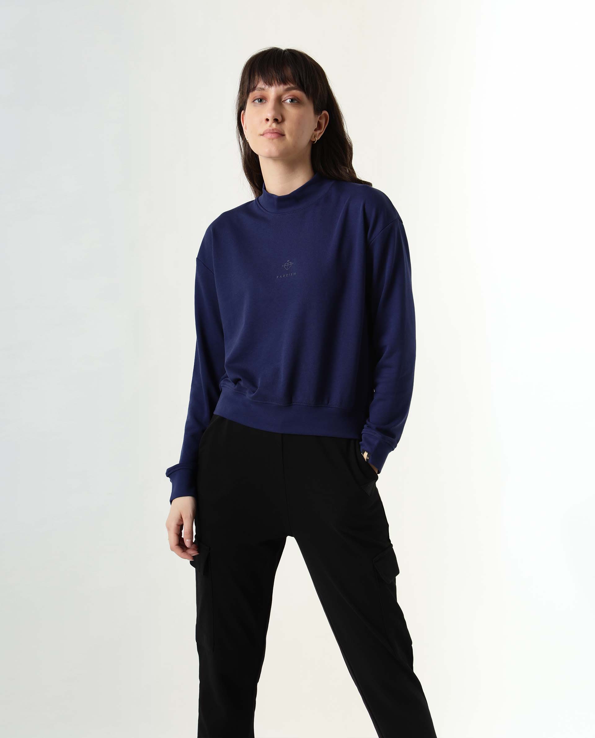 Rareism Women Necker Blue Relaxed Fit Full Sleeves Solid High Neck Sweatshirt