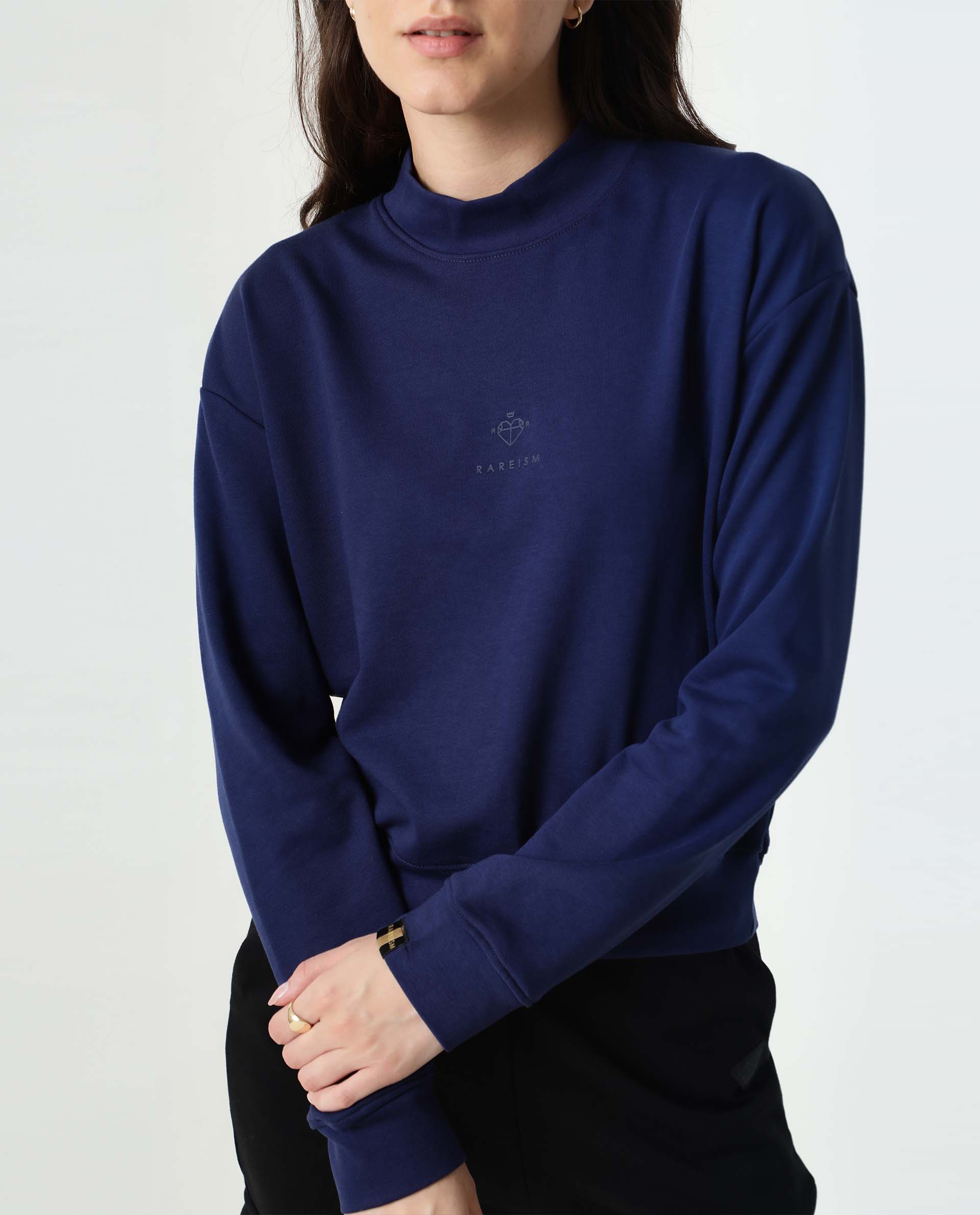 Rareism Women Necker Blue Relaxed Fit Full Sleeves Solid High Neck Sweatshirt