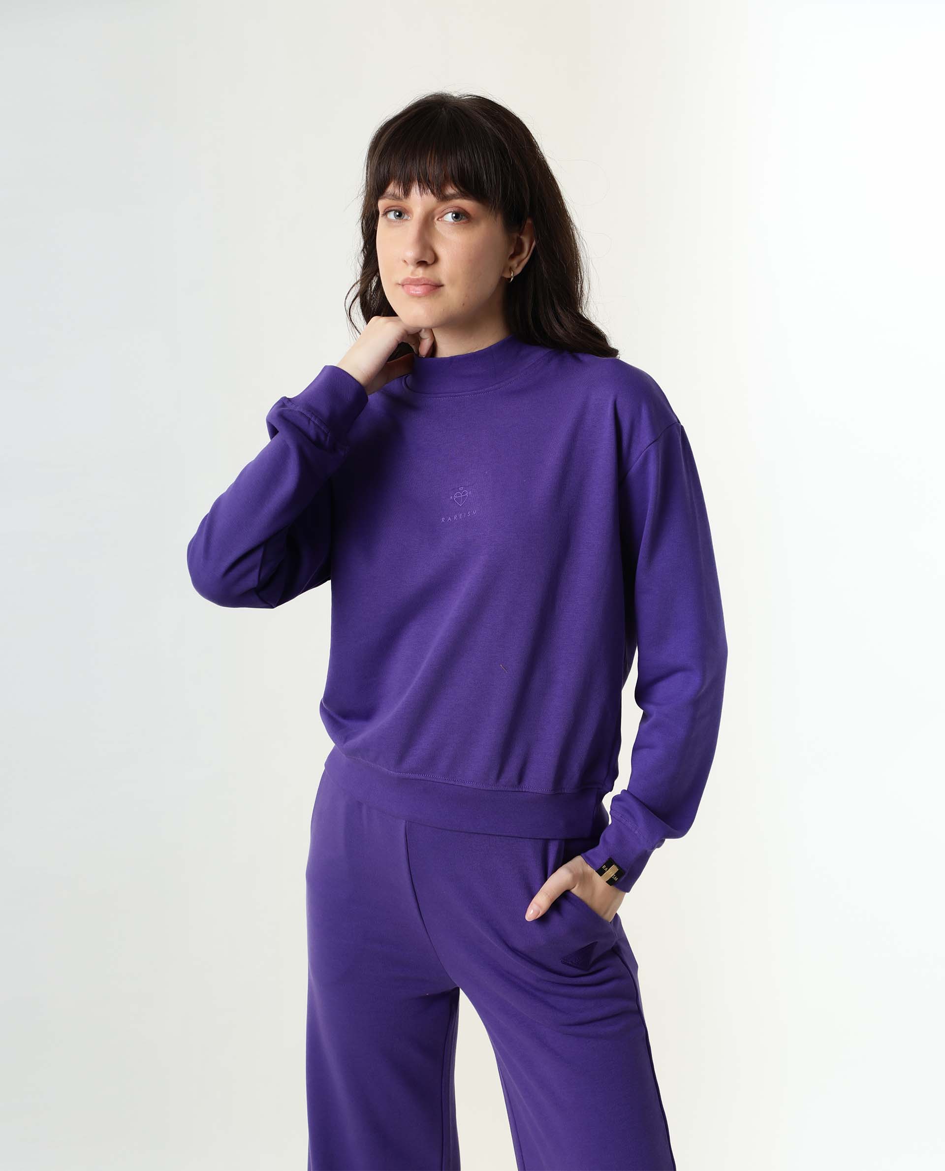 Rareism Women Necker Purple Relaxed Fit Full Sleeves Solid High Neck Sweatshirt