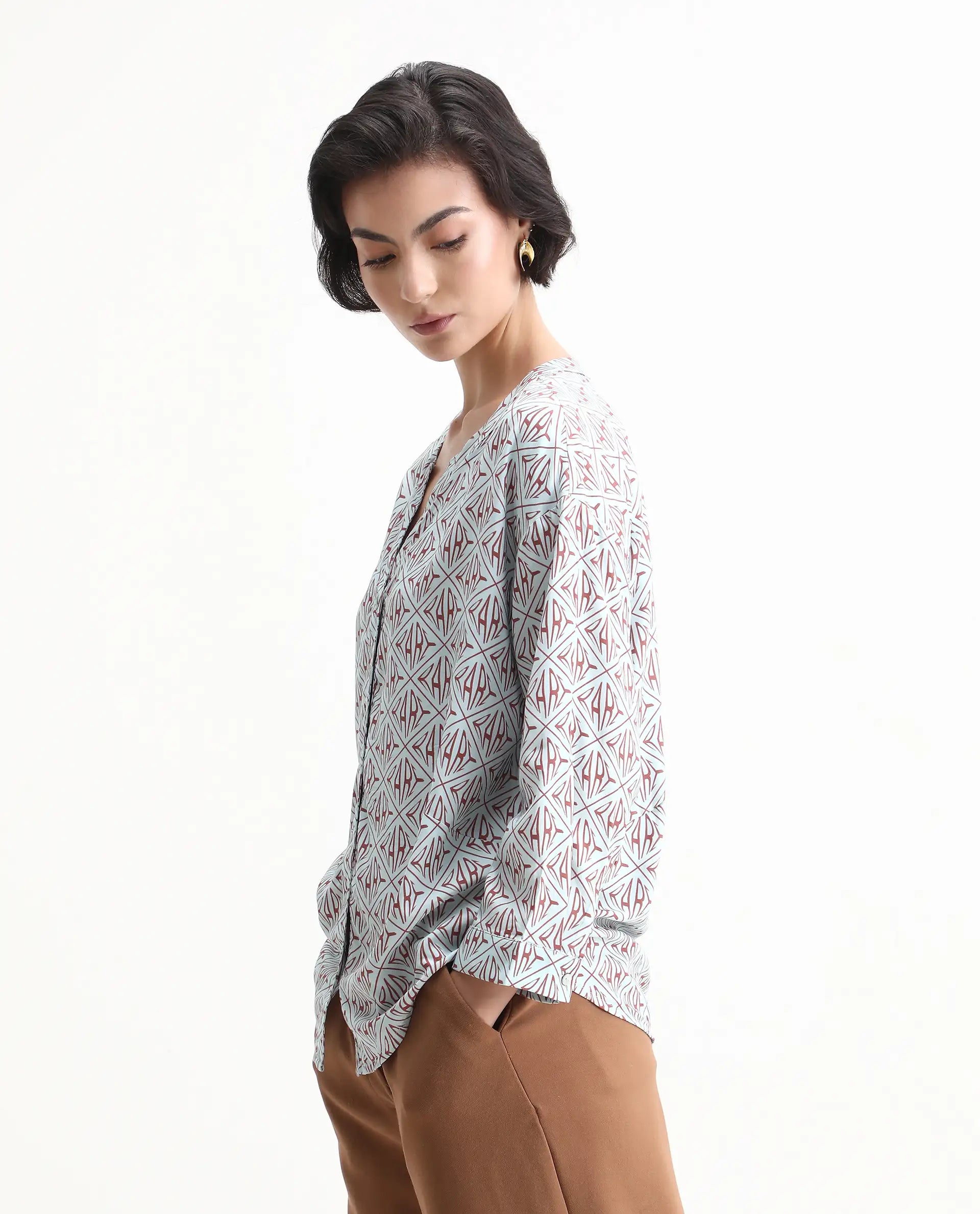Rareism Women's Nector Blue Viscose Mandarin Collar Monogram Print Regular Fit Top
