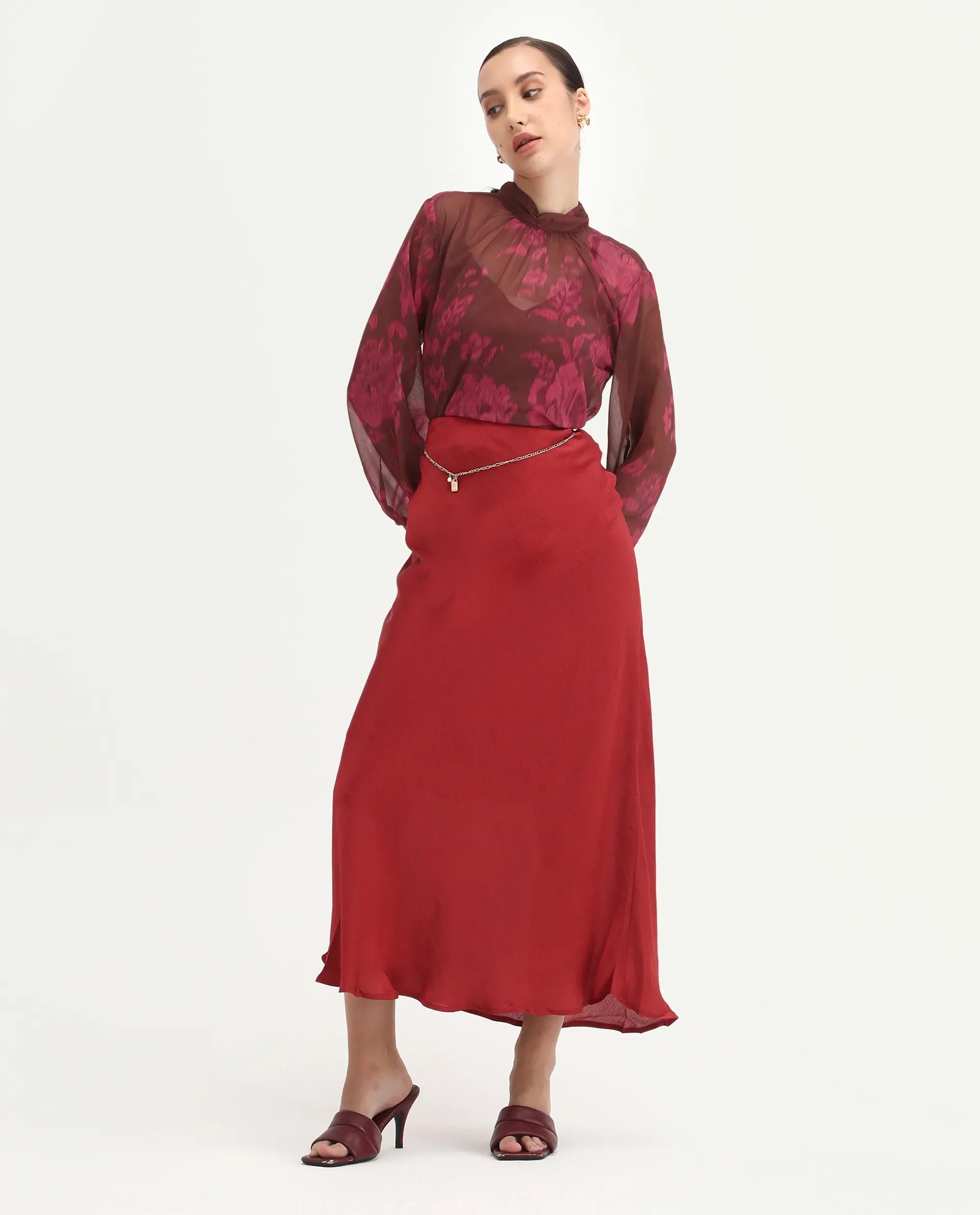 Rareism Women's Neho Brown Polyester Bishop Sleeve Band Collar Relaxed Fit Top