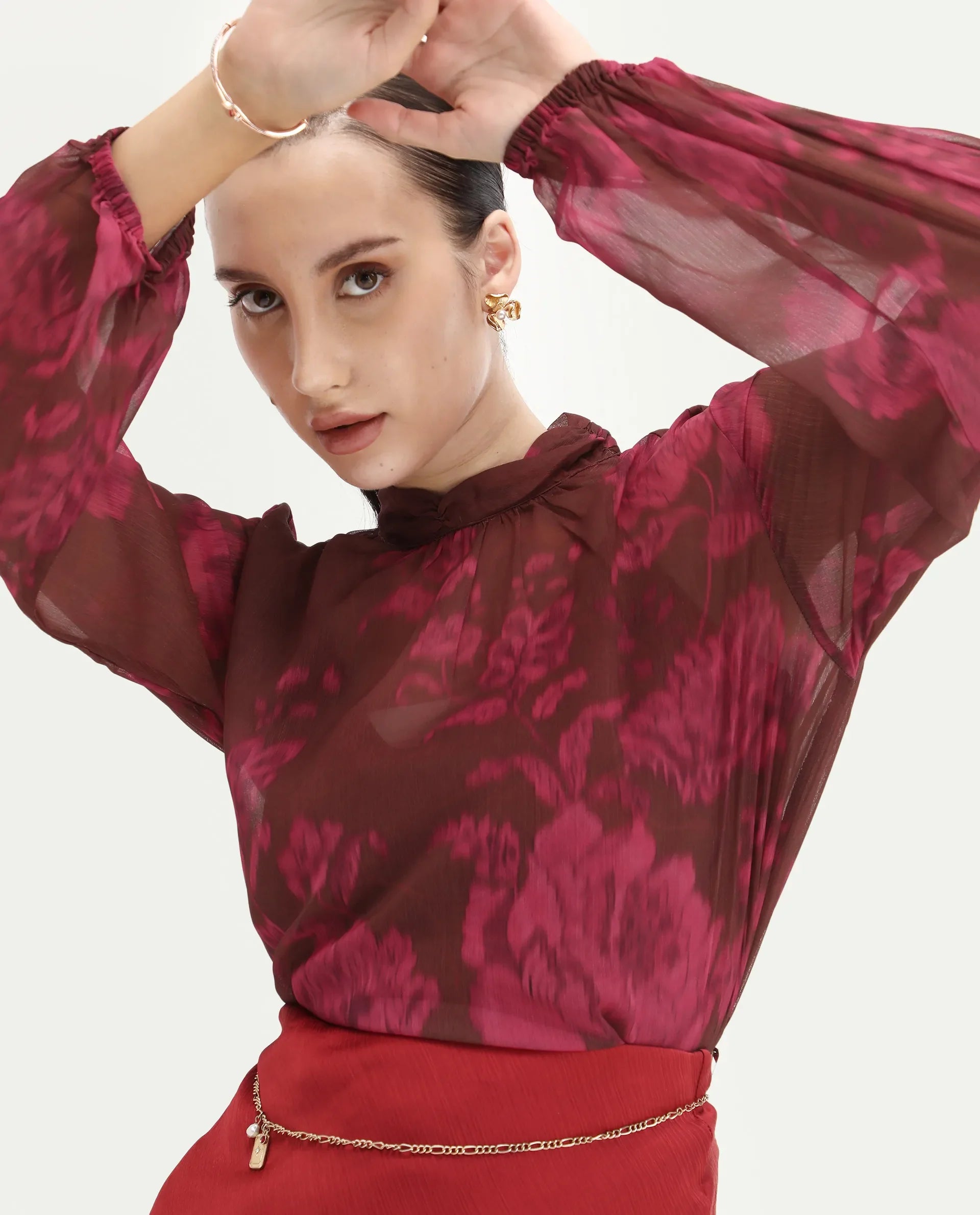 Rareism Women's Neho Brown Polyester Bishop Sleeve Band Collar Relaxed Fit Top