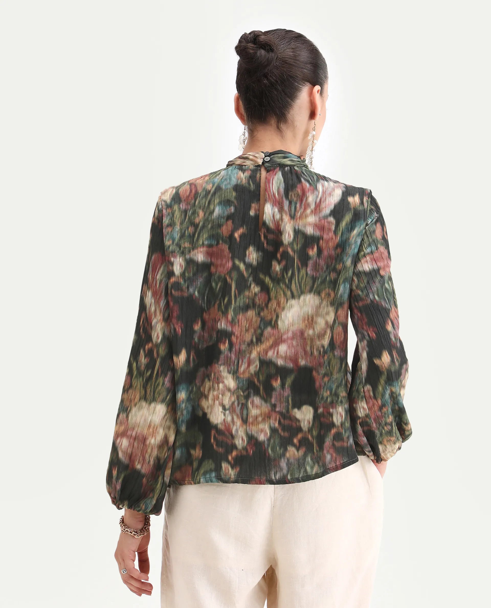 Rareism Women's Nehon Black Polyester Bishop Sleeve Band Collar Relaxed Fit Top