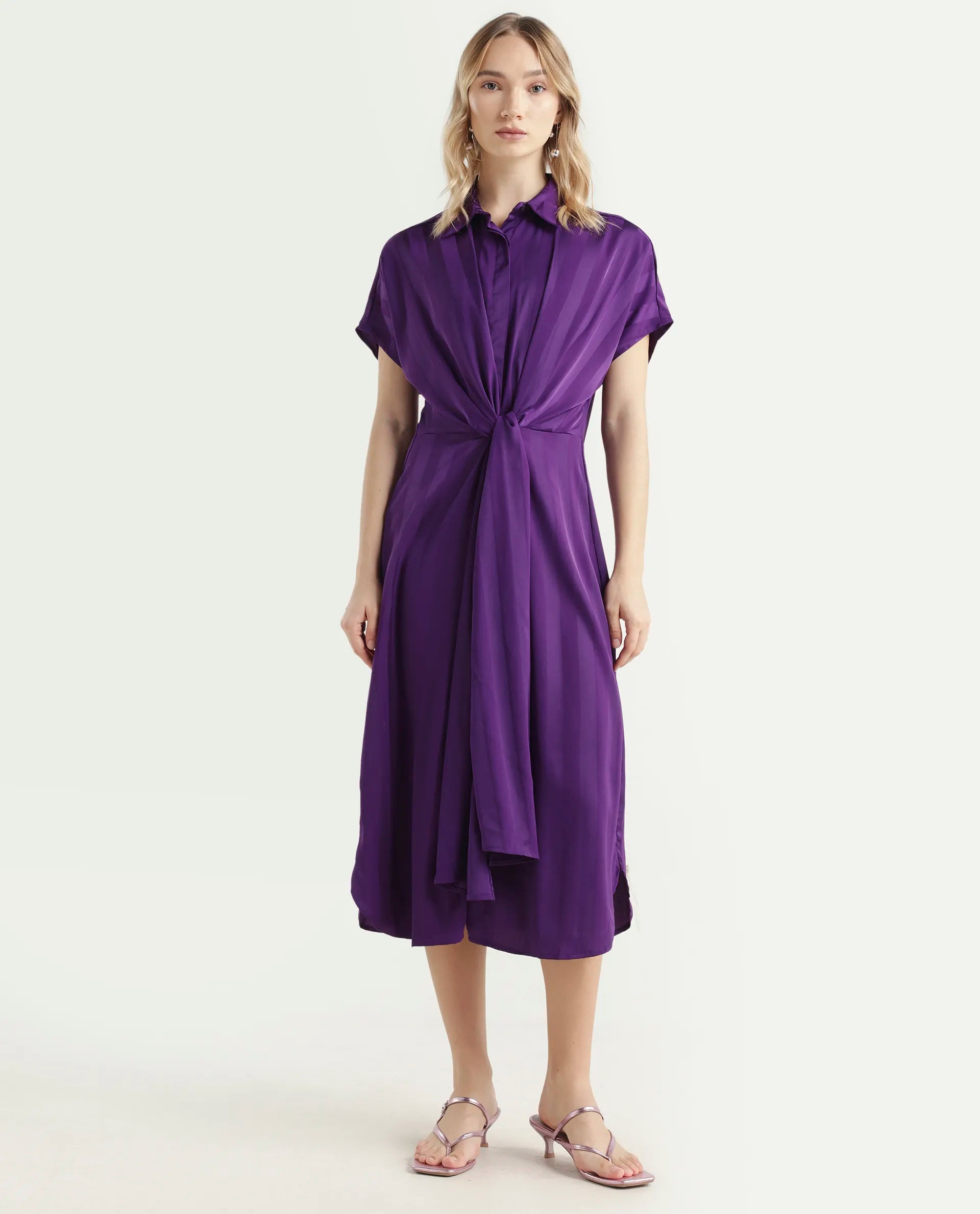 Rareism Women's Nekop Dark Purple Polyester Spread Collar Striped Knee Length Regular Fit Dress