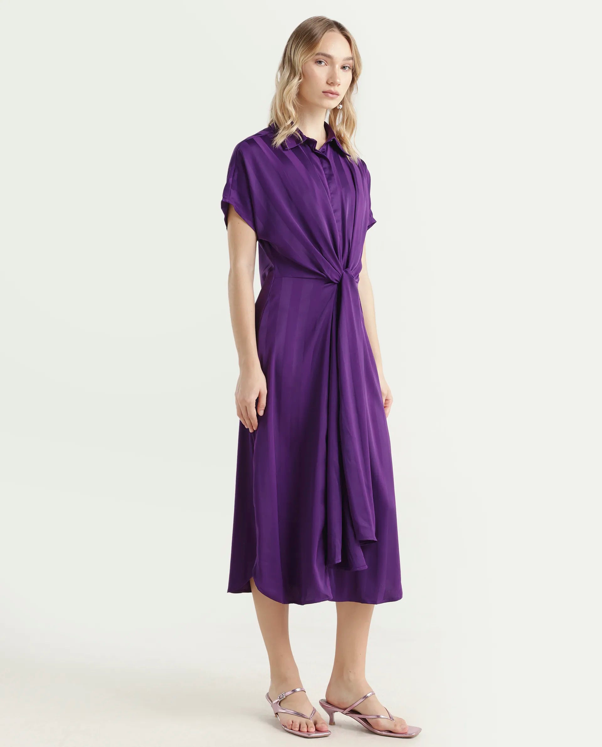 Rareism Women's Nekop Dark Purple Polyester Spread Collar Striped Knee Length Regular Fit Dress